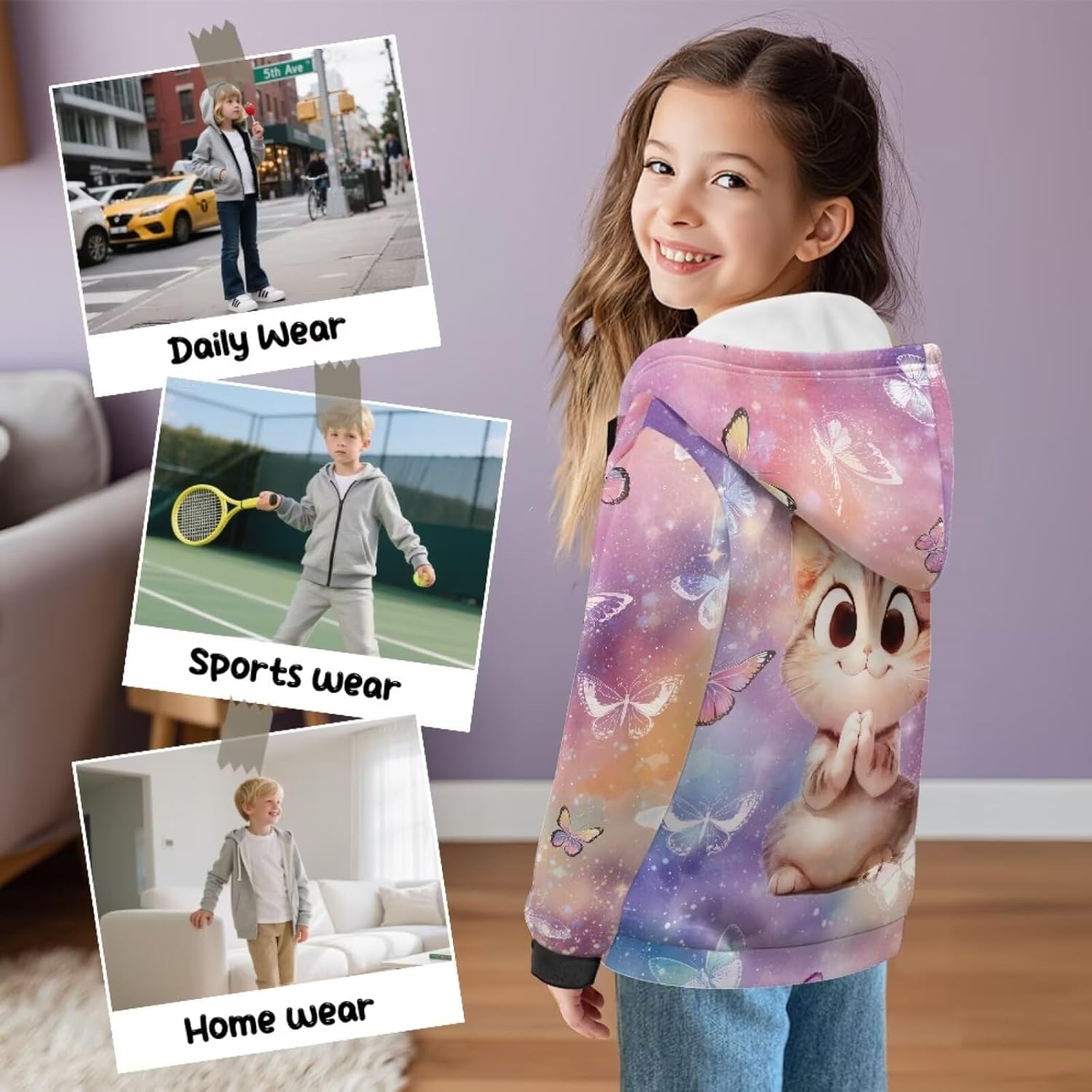 Cat Hooded Sweatshirt Winter Zip-Up Fleece Hoodie Sweatshirts Jackets with Pockets for Boys Girls