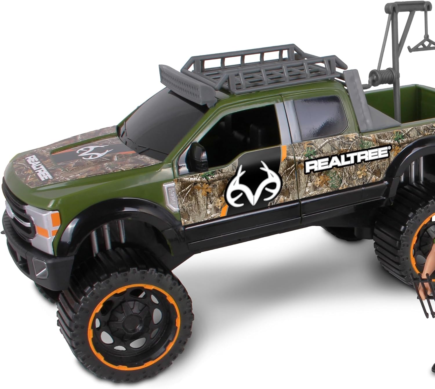 NKOK Realtree 1/18 Scale Free-Wheel Playsets 10-PC Set, RT Ford F-250 Super Duty w/ Polaris Ranger on Trailer & Accessories (Roof Rack, Hunter, Helmet, Game Hoist, Roll Bar, Elk, Bow&Arrows)