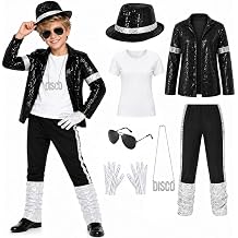 Pop Star Costume for Kids 80s 90s Disco Outfit Sequin Jacket Pants Hat T-Shirt Gloves Sunglasses Necklace Fancy Dress Costume for Halloween Cosplay Party World Book Day 3-12 Years