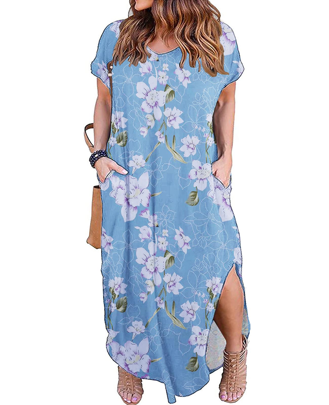 Kancystore Women's Plus Size Dresses Casual Loose Pocket Short Sleeve Slits Plus Size Long Maxi Dress XL-5X