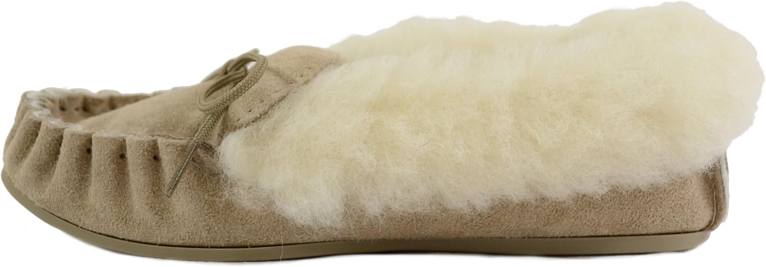 SNUGRUGS Ladies Beige/Camel Suede Moccasin Slippers with Wool Lining, Wool Cuff and Rubber Sole. Made in UK. Sizes 3 to 9 6 71ukbTfHMbL. AC SL1500