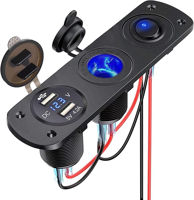 Thlevel Dual USB Car Charger Socket Panel with 12V Cigarette Lighter Socket Splitter, LED Voltmeter and Independent Switch for 12V 24V Vehicles Car Boat Truck Caravan (Type B)