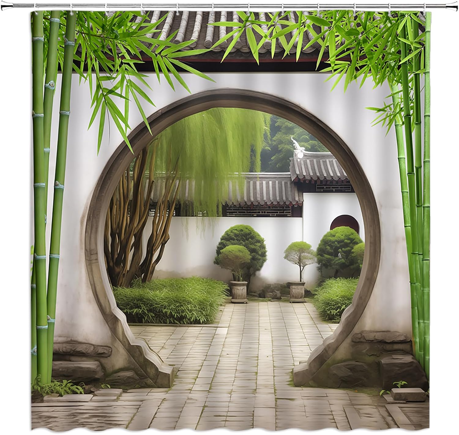 Garden Landscape Shower Curtain Asian Garden Nature Colorful Floral Spring Summer Scenery Flower Plant Polyester Fabric Bathroom Decor Set with Hooks(70"" Wx74.8 H), Green