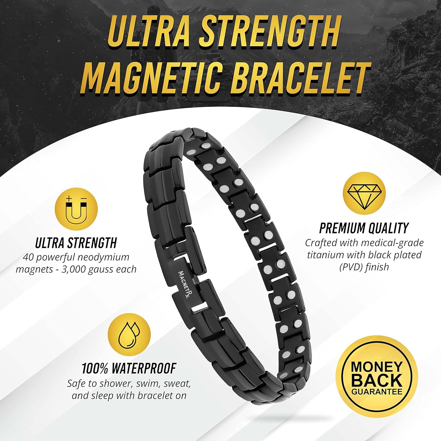 MagnetRX® Pulseras Magnéticas Mujer - Pulsera Magnética Terapéutica de Titanio con 40 Imanes Potentes - Pulsera Ajustable con Herramienta de Tamaño Incluida (Negra)