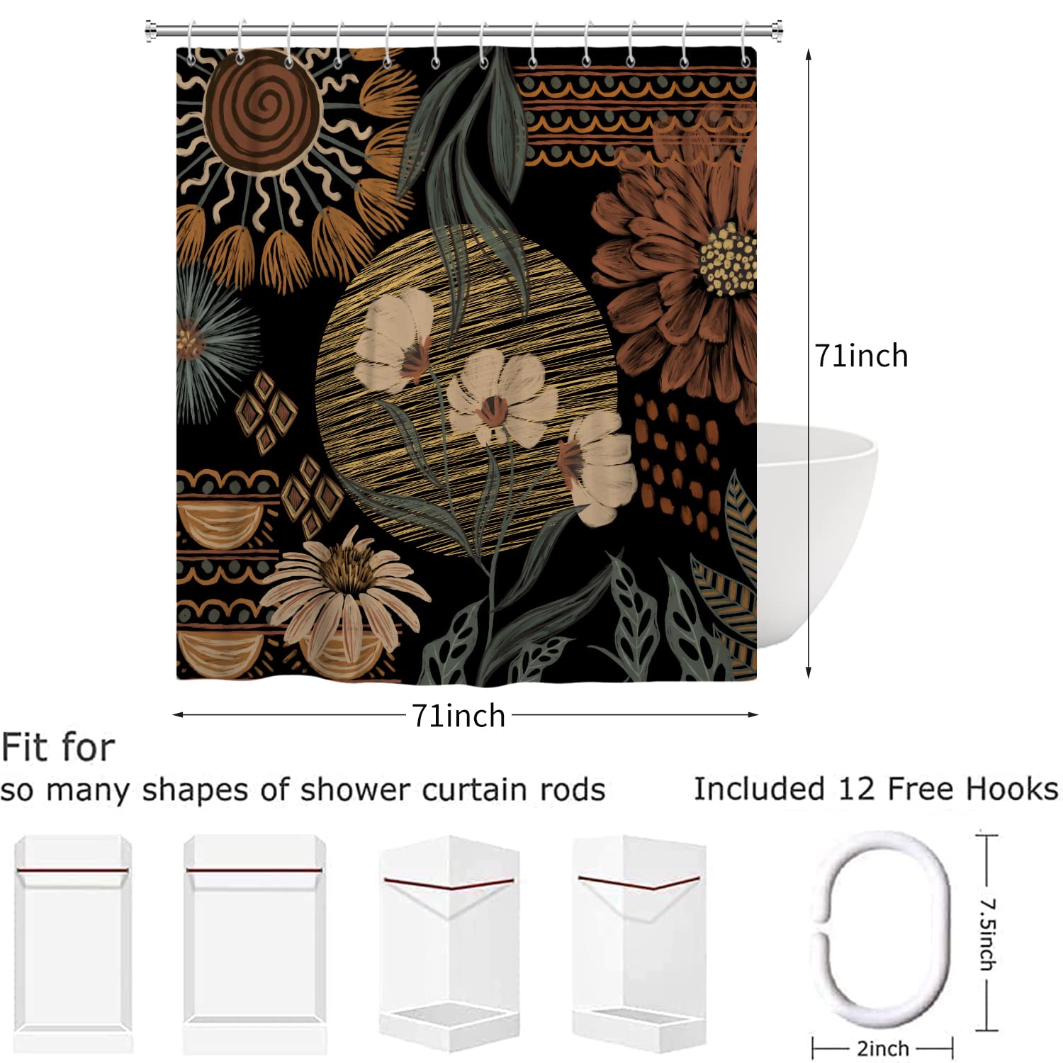 Rideau de Douche Boho Fleurs 180x180, Abstrait Fleurs Bohème Esthétique Imperméable Polyester Rideau de Douche Boho Fleurs 180x180, Abstrait Fleurs Bohème Esthétique Imperméable Polyester