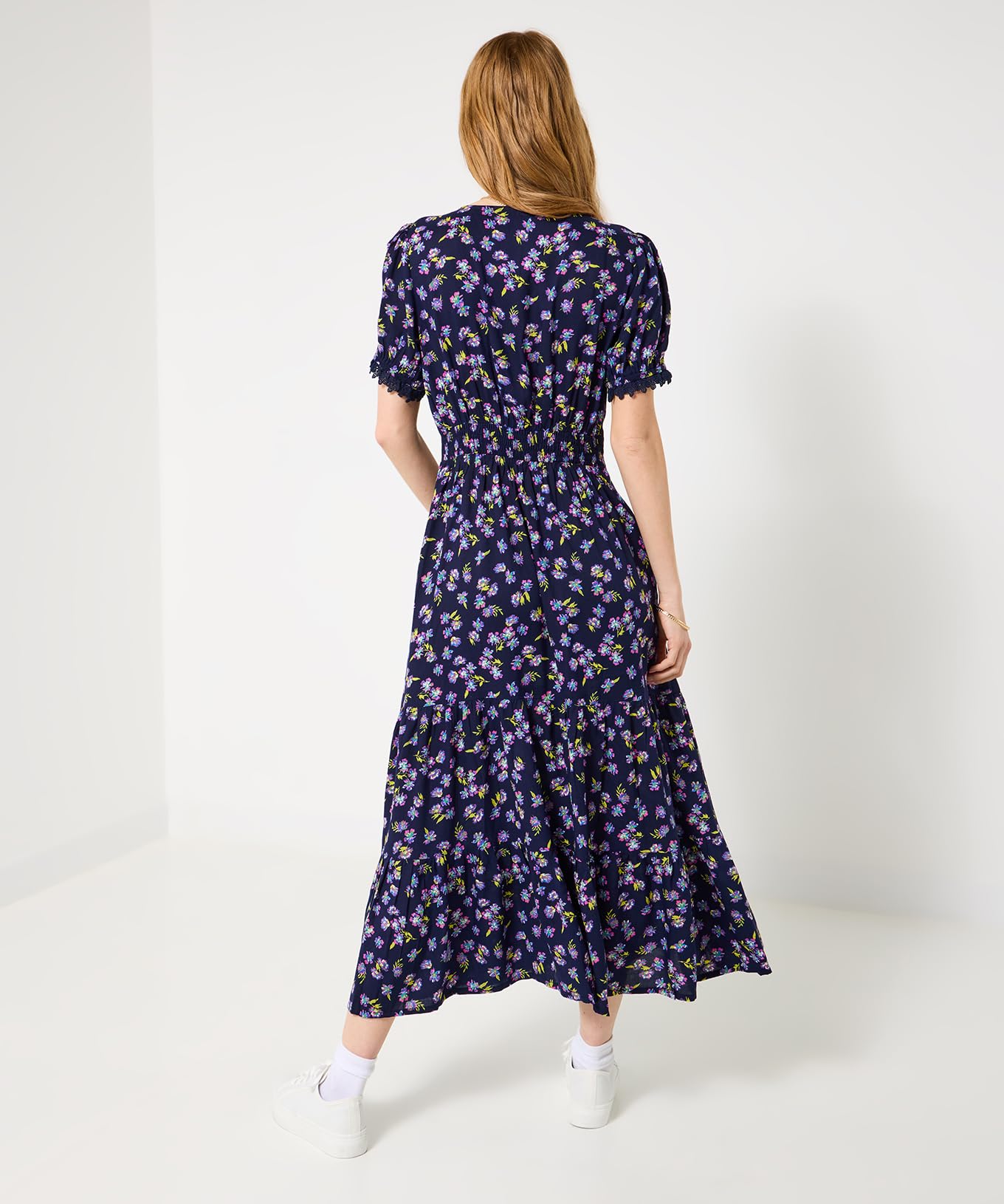 Joe Browns Dark Vintage Floral Puff Sleeve V-Neck Midi Dress Robe Femme