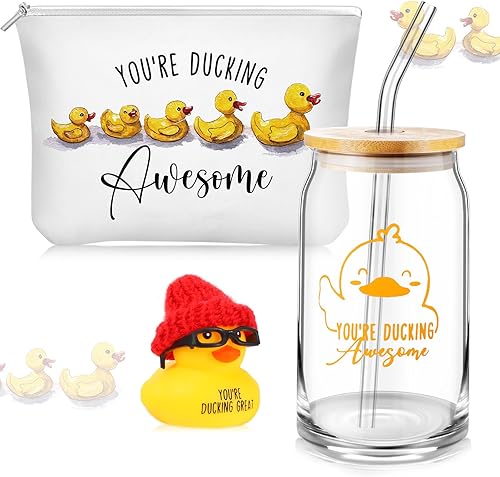 Tioncy Vaso de vidrio reutilizable con tapa y accesorios de pato para regalo inspirador con temática de pato, regalo inspirador para amantes de los