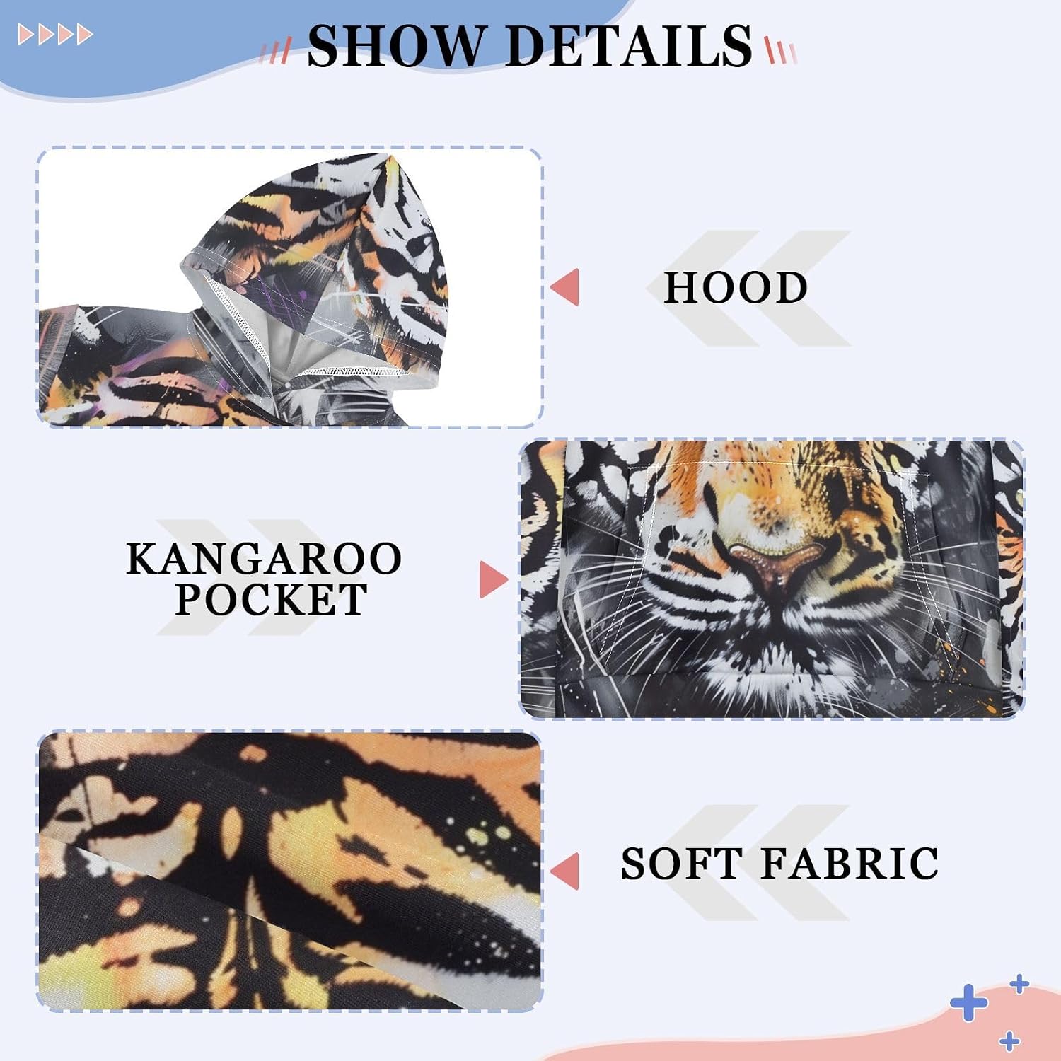 ZZXXB Retro Wild Tiger Kids Sweatshirts Boys Girls Hooded Kangaroo Pocket Pullover Tops XS-XXL