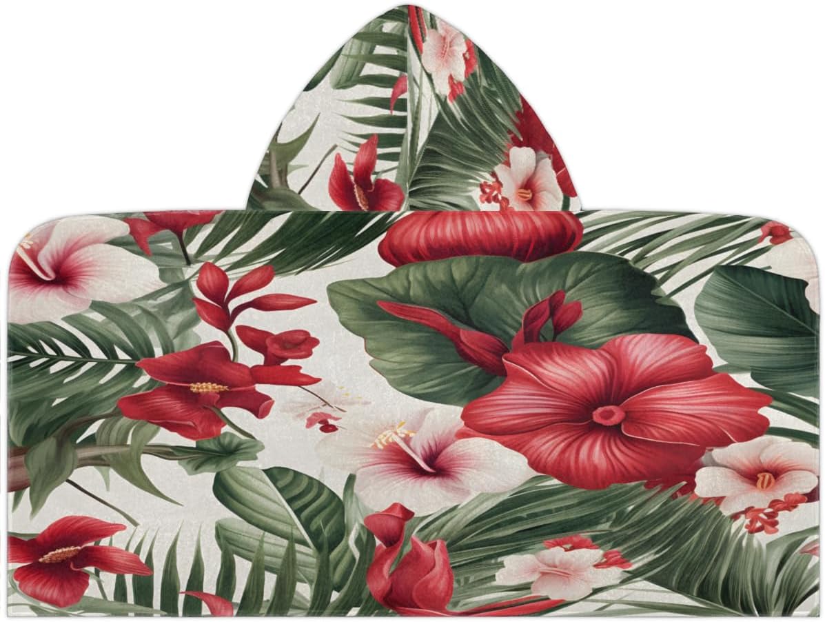 Pardick Kids Bath Towel Tropical Poppy Laeaf Flower Beach Towel with Hood Pool Cover Up for Girls Boys Soft Absorbent Hooded Bath Towel Toddler Towels for Beach, Pool
