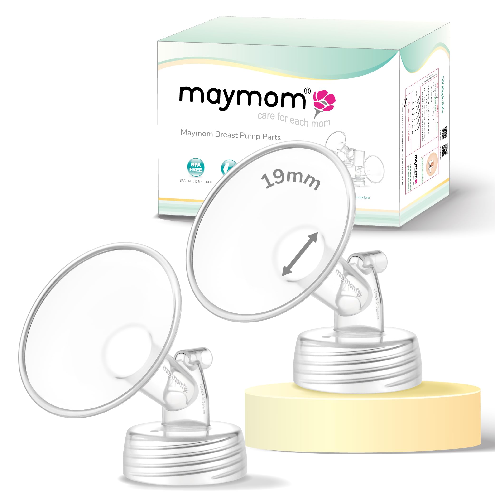 Maymom pièces de pompe à col large 19 mm (2 pièces), compatibles avec Spectra S1 et S2 ; inclut téterelles à large ouverture ; accessoire compatible non original