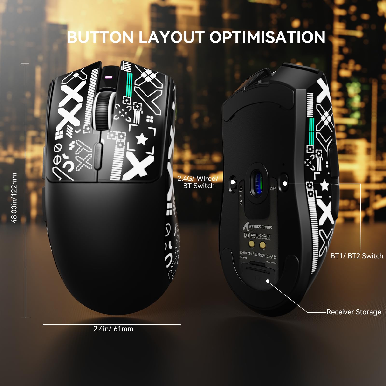 MAMBASNAKE Attack Shark X1 Mouse da Gioco 49g Leggero con Dock di Ricarica Touchpad, Sensor PAW3395 PRO 40K DPI, Mouse da Ufficio Wireless/Cablato BT/2.4G con Grip Tape per PC/Mac/Win11/PS - Nero