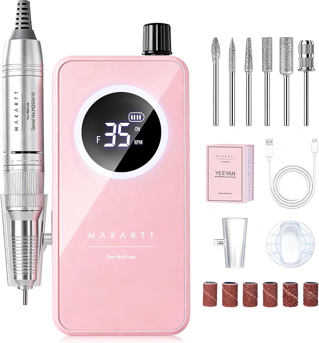 Taladro de uñas inalámbrico para principiantes: lima electrónica fácil y segura, rosa | Control continuo de 35000RPM, baja vibración silenciosa, pantalla LCD, batería de 6H, eliminación de esmalte de Gel, cuidado de uñas, uso en viajes de bricolaje en el hogar