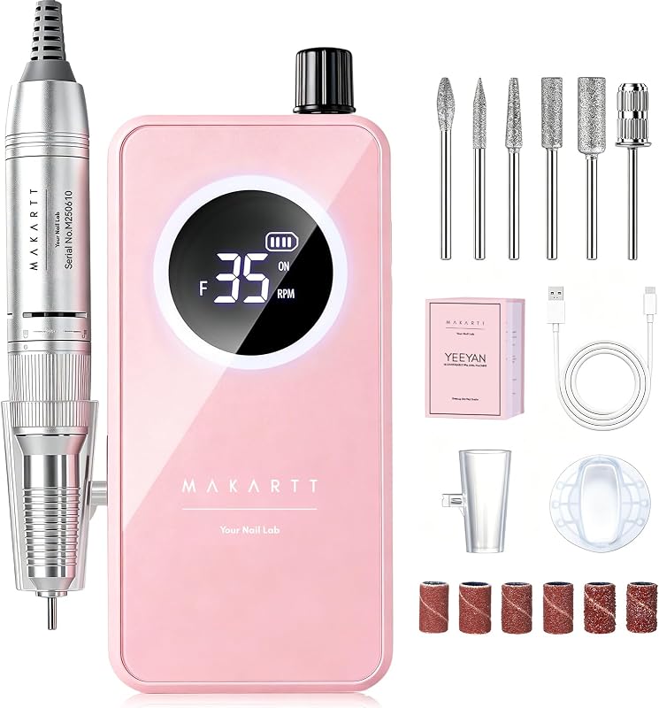 Taladro de uñas inalámbrico para principiantes: lima electrónica fácil y segura, rosa | Control continuo de 35000RPM, baja vibración silenciosa, pantalla LCD, batería de 6H, eliminación de esmalte de Gel, cuidado de uñas, uso en viajes de bricolaje en el hogar