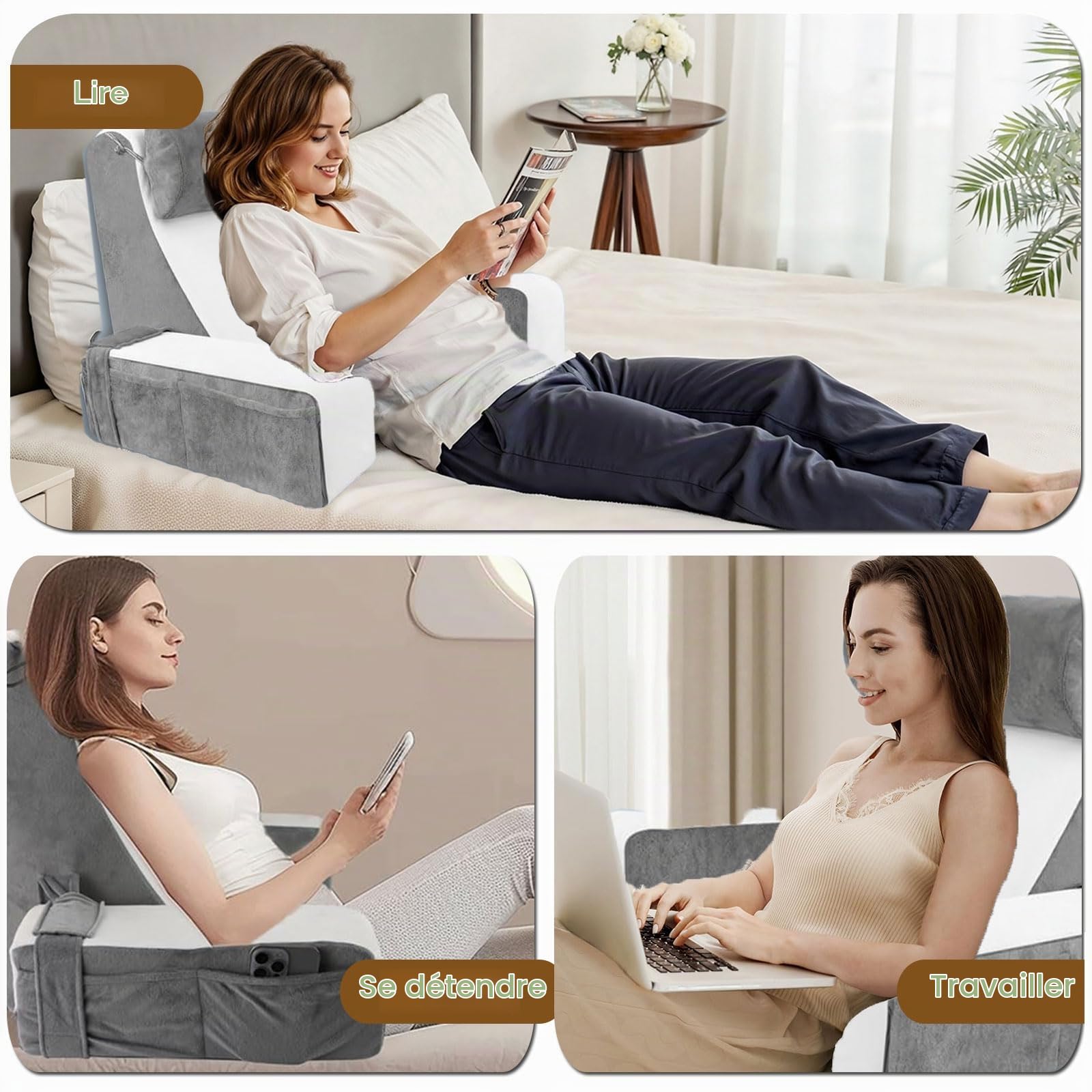 Coussin de Lecture pour lit et canapé, Coussin de Dos avec Soutien des Bras et Poches, Coussin de Dos pour Adulte, Coussin Dorsal Dossier Canapé, Oreiller de Lecture en Mousse à Mémoire de Forme