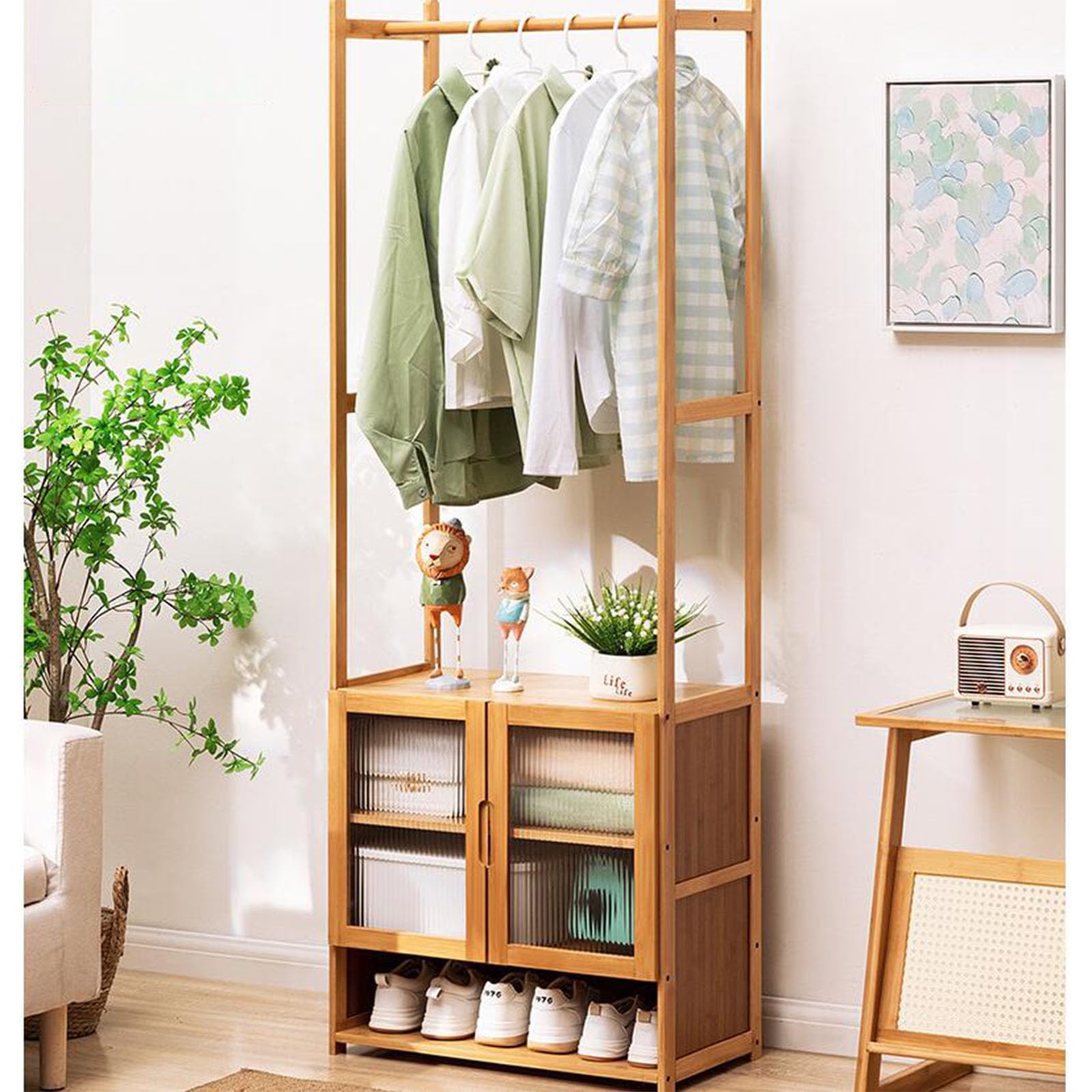 WJFTODAY 4 in 1 Rustic Hall Tree Entryway Coat Rack & Shoe with Bench Grid Panel & 6/8 Hooks for Mudroom & Bedroom Storage Solutions