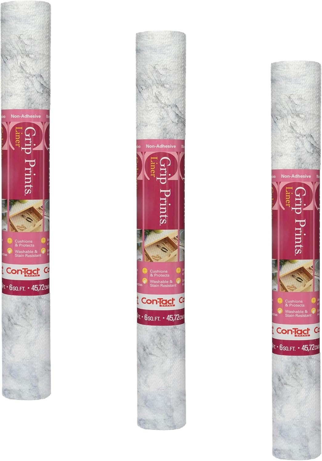 Con-Tact Brand Grip Prints Shelf Liner, Durable and Non-Adhesive Liners, Non-Slip Drawer and Cabinet Liner, 18" x 4', Carrara Marble, Pack of 3 Roll
