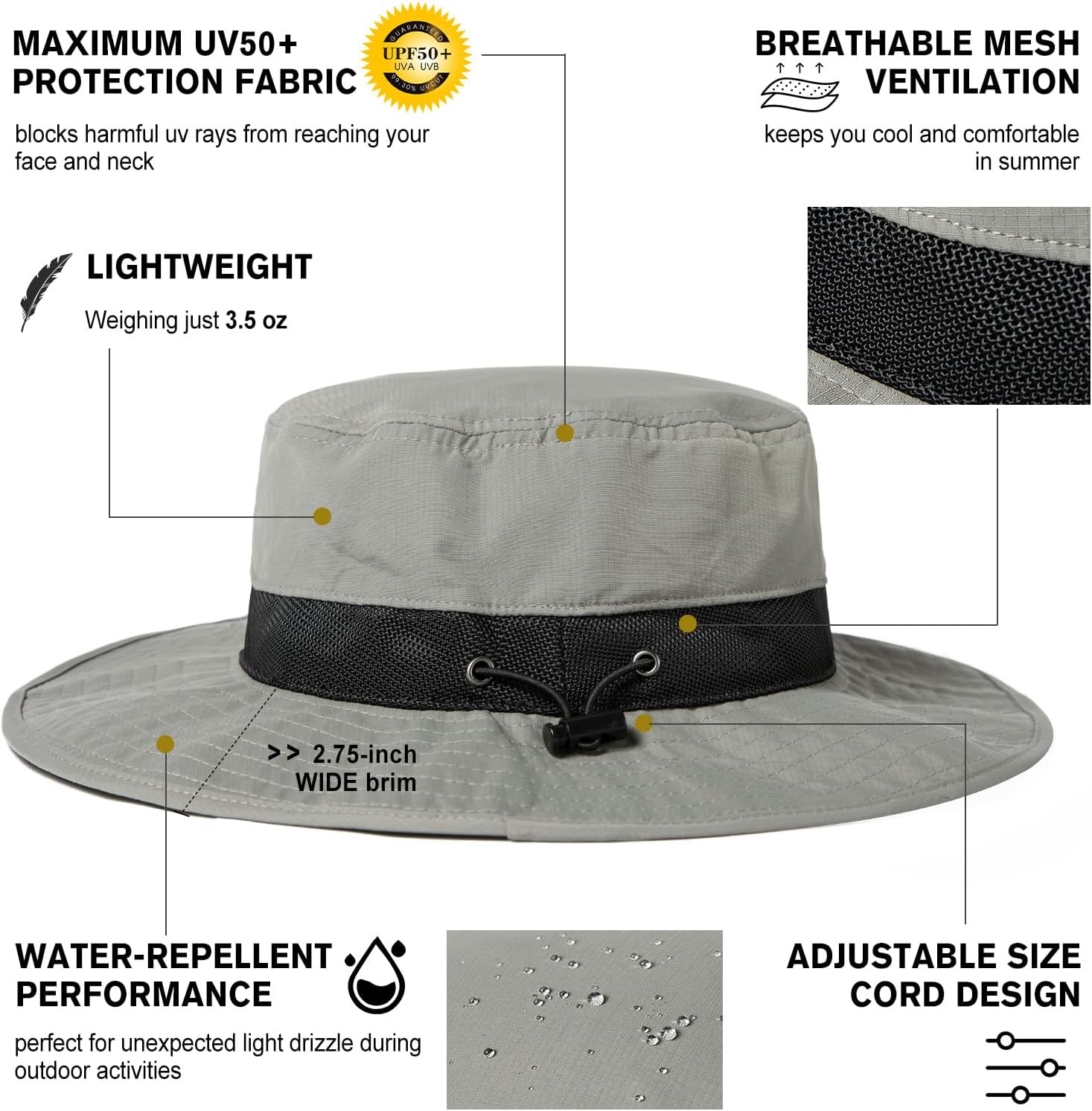 Oversized XL XXL Waterproof Sun Hat for Big Heads Mesh Bucket Hat Wide Brim Adjustable Packable Hiking Beach Fishing - Image 2