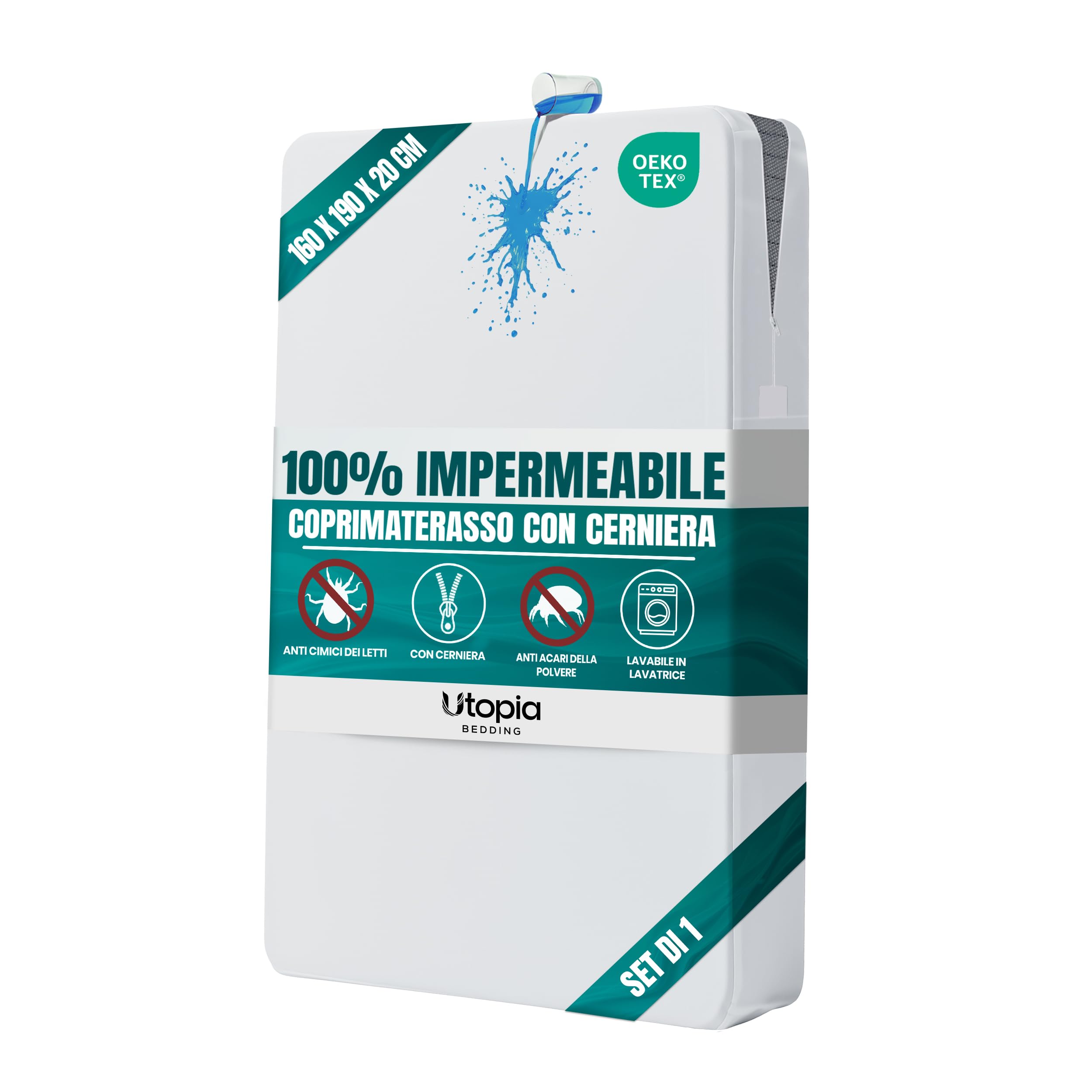Utopia Bedding Coprimaterasso Impermeabile (160 x 190 x 20 cm), Coprimaterasso con Cerniera, Protegge Dagli Acari Della Polvere e Dalle Cimici dei Letti, Bianco