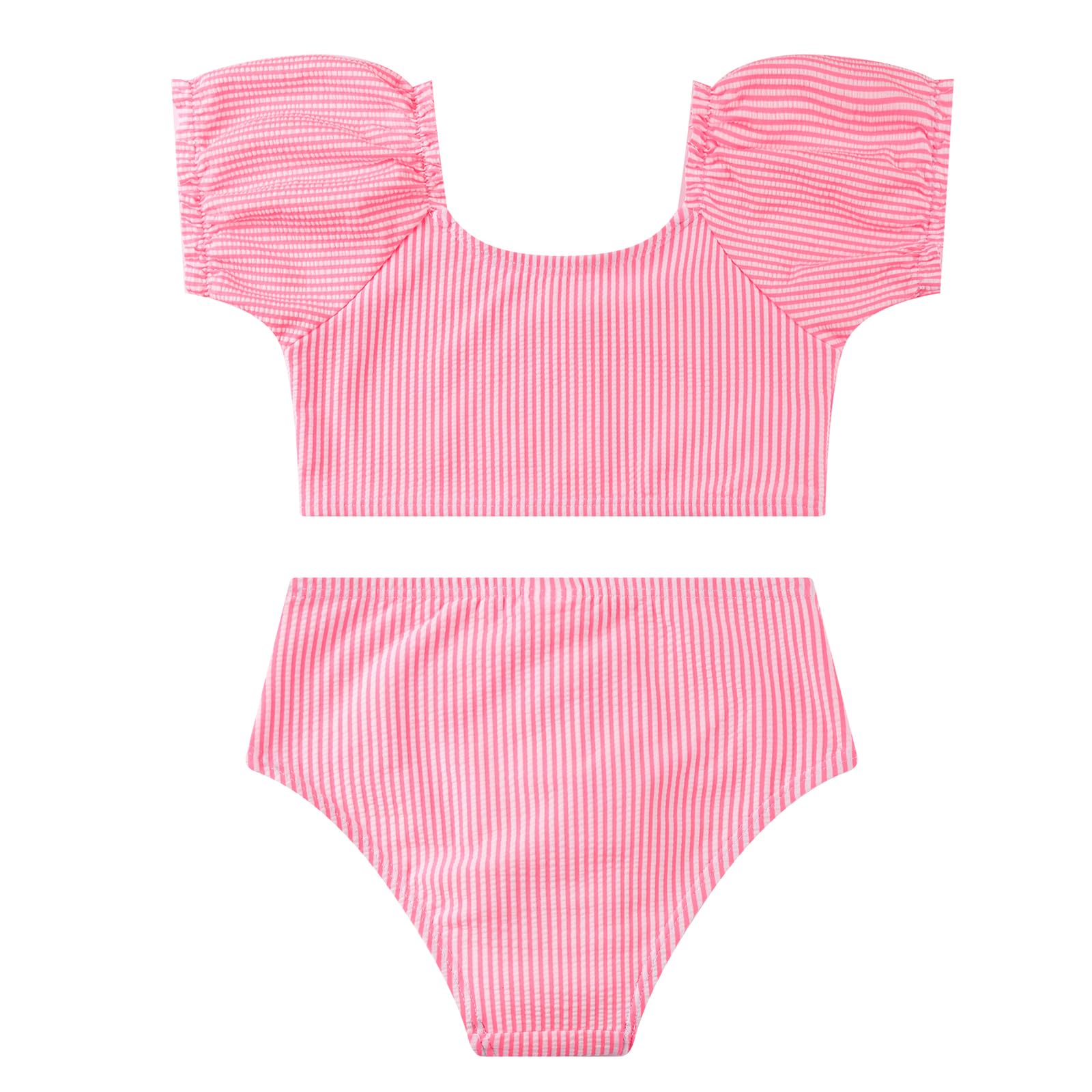 LIZENS Two-Pieces Girls Swimsuit Puff Sleeve Beach Bathing Suit Stripe Bikini Sets ?BD411,5-6T Pink