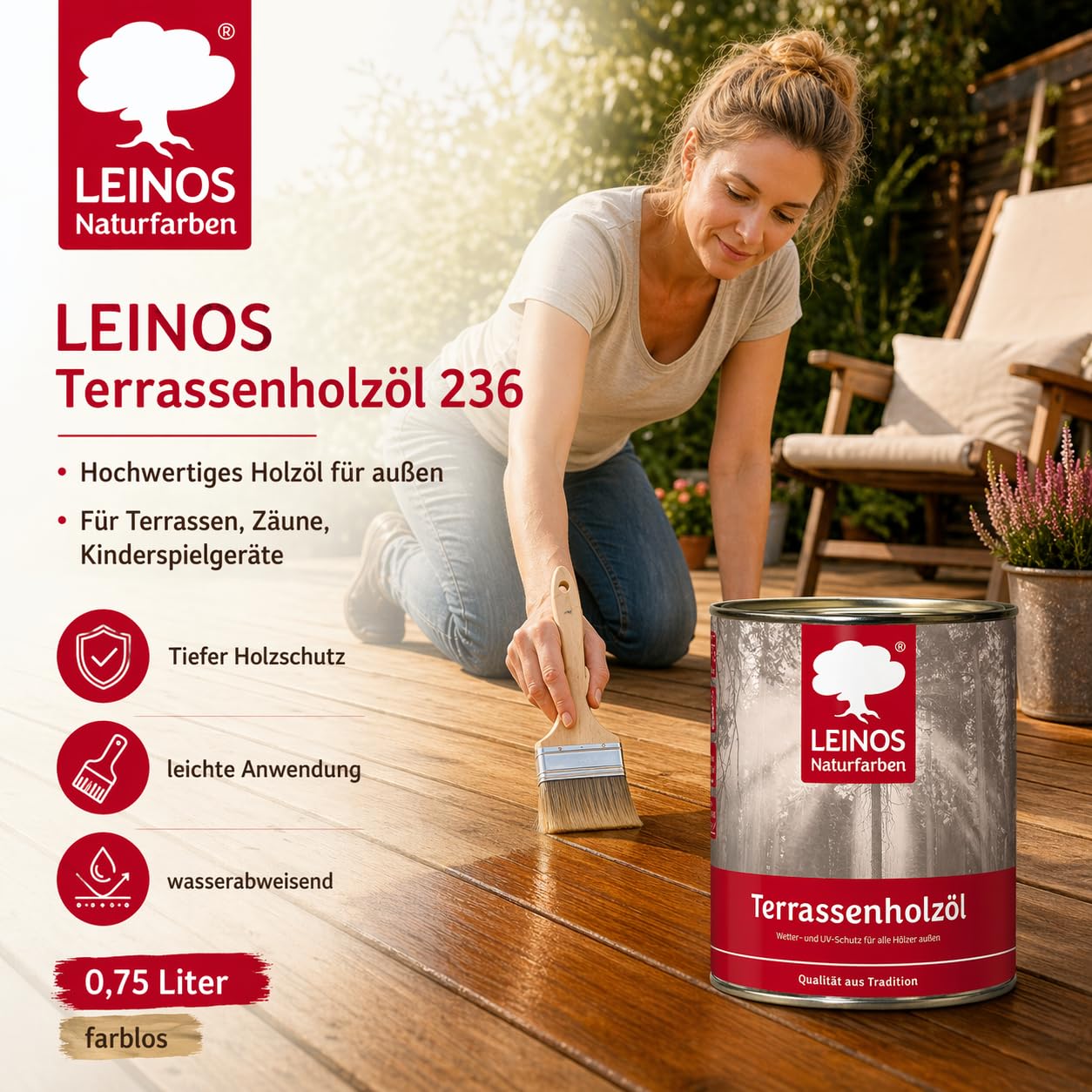Leinos 236 naturalny olej do drewna na zewnątrz 002 bezbarwny 0,75 l