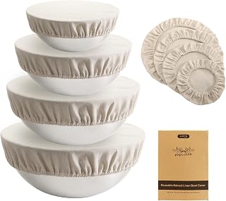Reusable Bowl Covers for Bread Proofing,Natural Linen Bowl Covers Eco-friendly,Machine or Hand Washable,Fabric Elastic Cover for Sourdough,Food,Leftover,Fruits,Salad Containers Lids, 4 Sizes