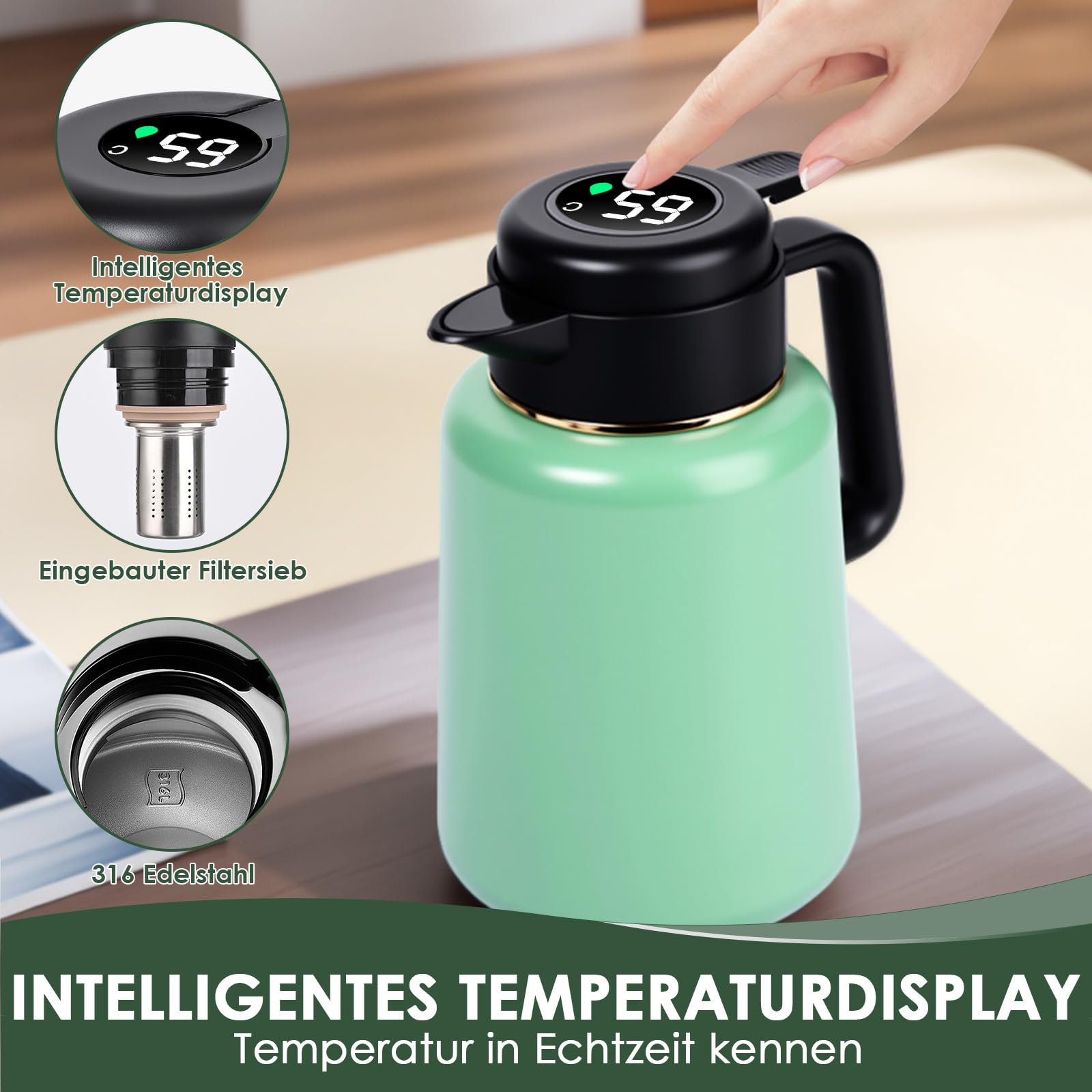 Thermoskanne 1,8-Liter mit Temperaturanzeige, Thermoskanne mit Teesieb 100% Leck & Tropfdicht, Kaffeekanne Thermo für Milch, Tee & Kaffee