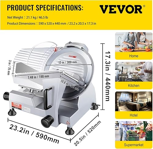 Miniatura 7 de VEVOR Rebanadora de carne comercial, cortador eléctrico de alimentos delicatessen de 320 W, hoja de acero al carbono de 12 pulgadas, rebanadora de