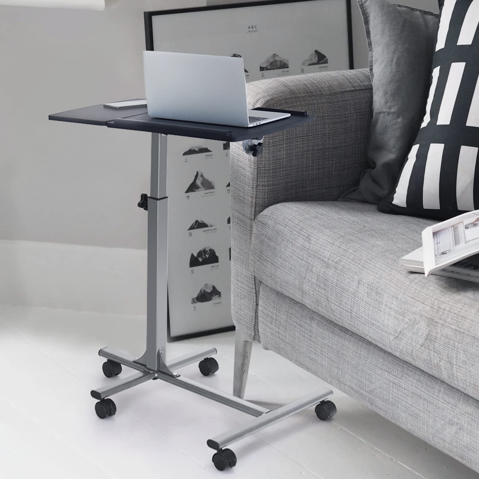 LIFEZEAL Mesa para Ordenador portátil de Altura Regulable, Mesa para Cama inclinable en Forma C con Ruedas, Mesa Auxiliar para Cama Hospital