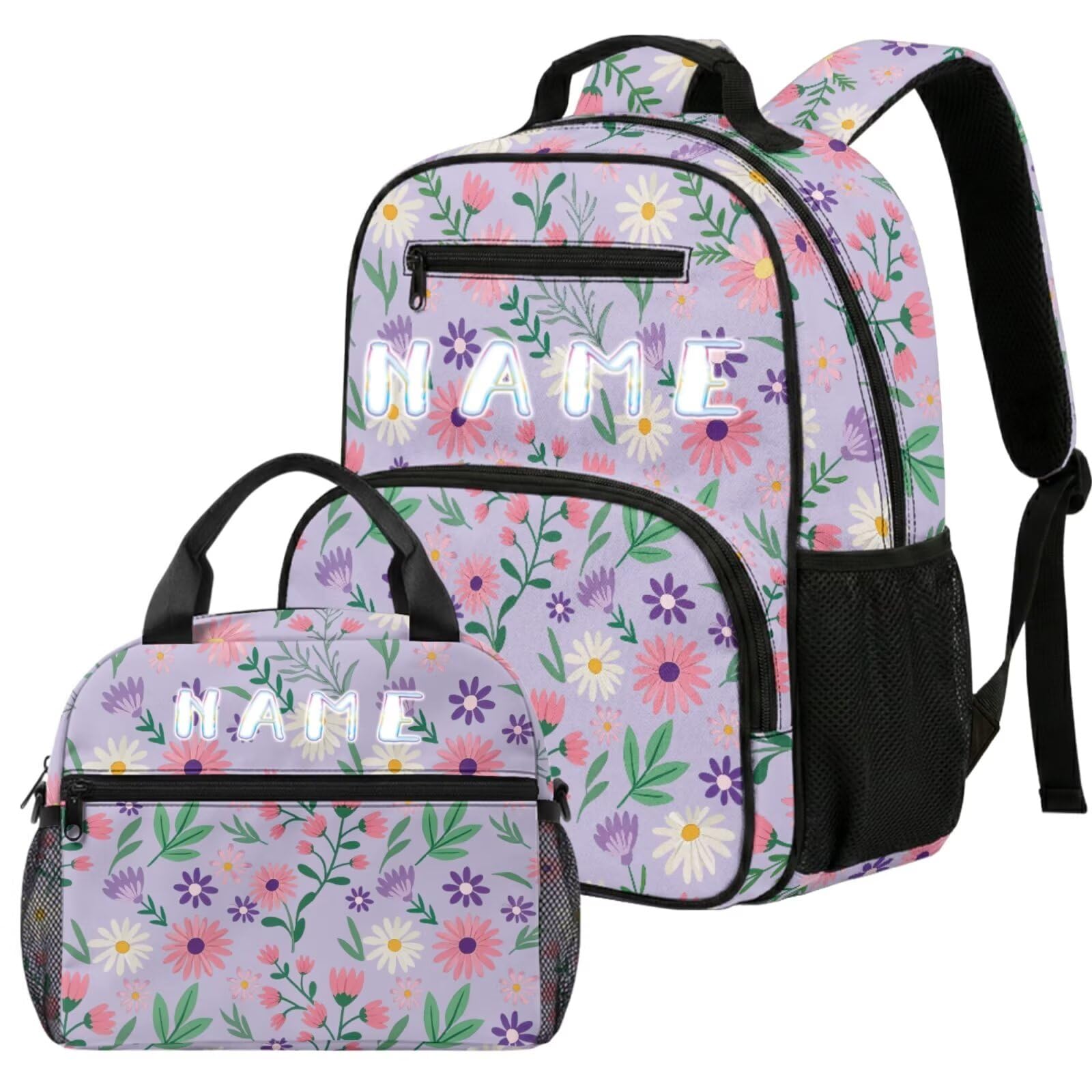 COEQINE Mochila personalizada para niños de 6 a 7 años con fiambrera, mochila escolar preescolar para niñas de 4 a 5 años, Flor morada mixta floral, M, Diseñador