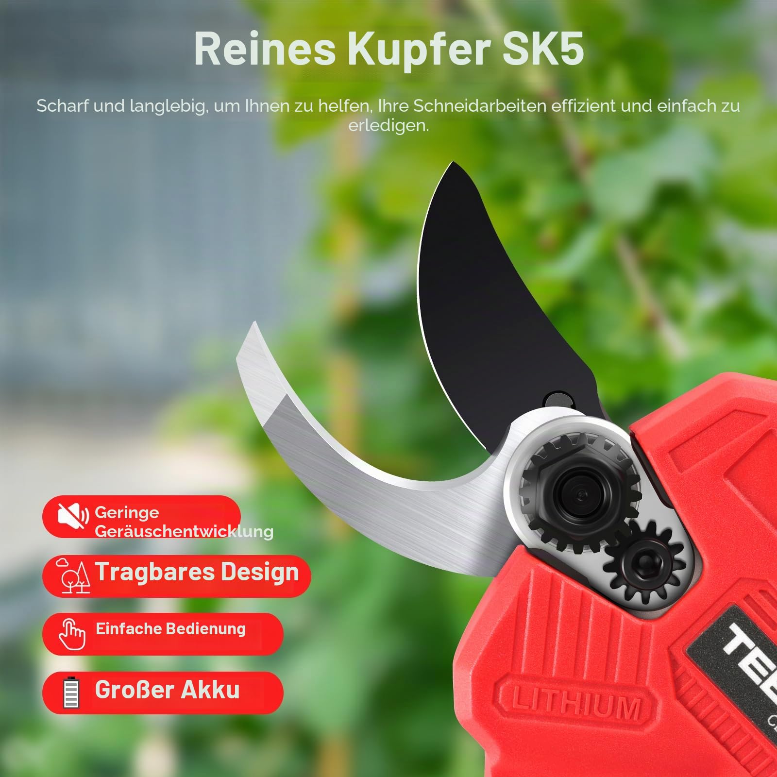 TEENO Elektrische Gartenschere 30mm, kabellos, bürstenlos, mit LCD,2*2000 mAh Batterien, schnurlose professionelle elektrische Schere für Garten, Äste und Obstgärten(zwei Batterien), TEENO-CD616