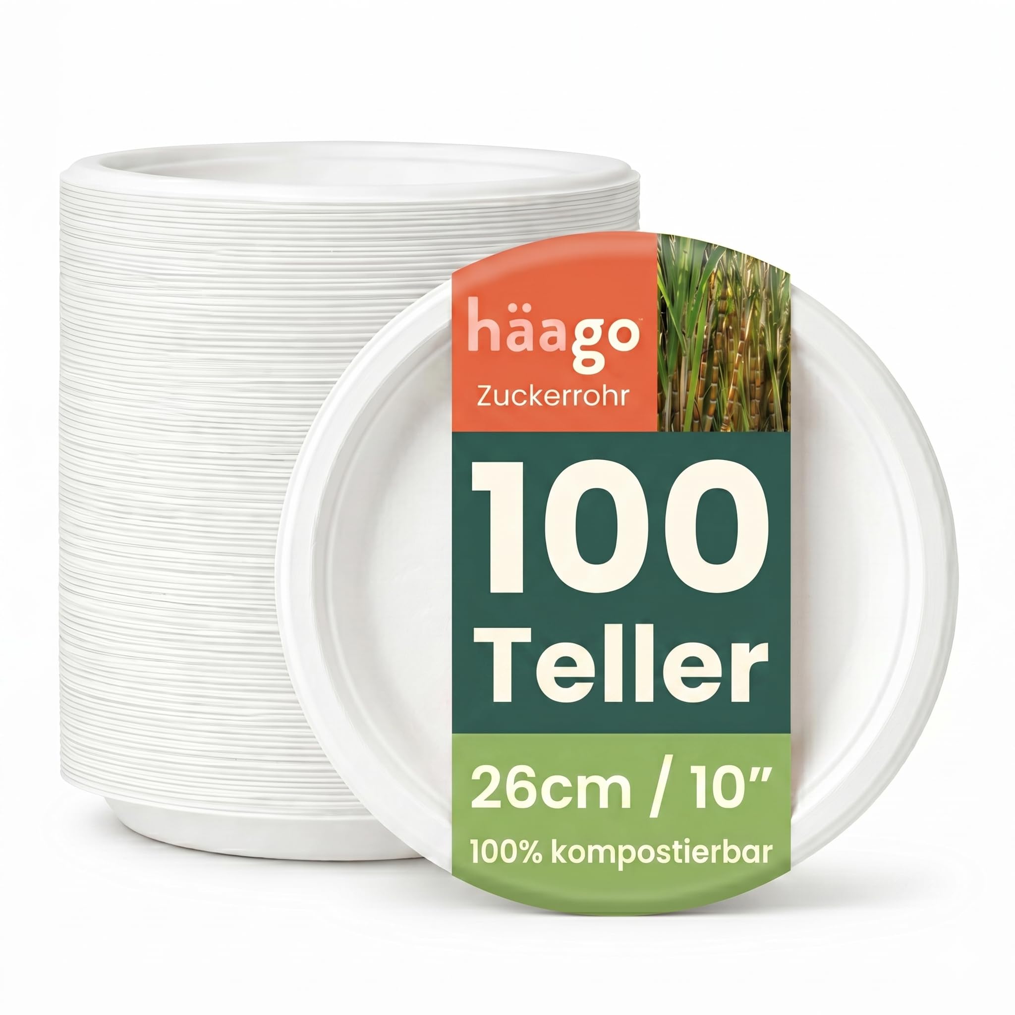 HAAGO 100 Extra Stabile Kompostierbare Zuckerrohr Teller, 26 cm / 10 Zoll – Große Pappteller, Fett- & Auslaufsicher – Biologisch Abbaubare Partyteller, Einwegteller für Grillparty, Hochzeit