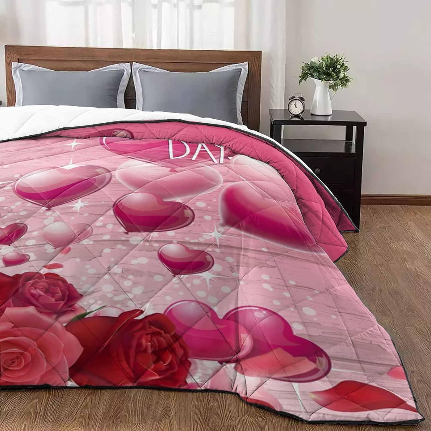 Mother's Day Quilt Queen Luxury Quilted Comforter Bedspread-Thin Soft Cozy Flowers Love Heart Pink Wood Reversible Stitched Lightweight Quilt Coverlet for All Season