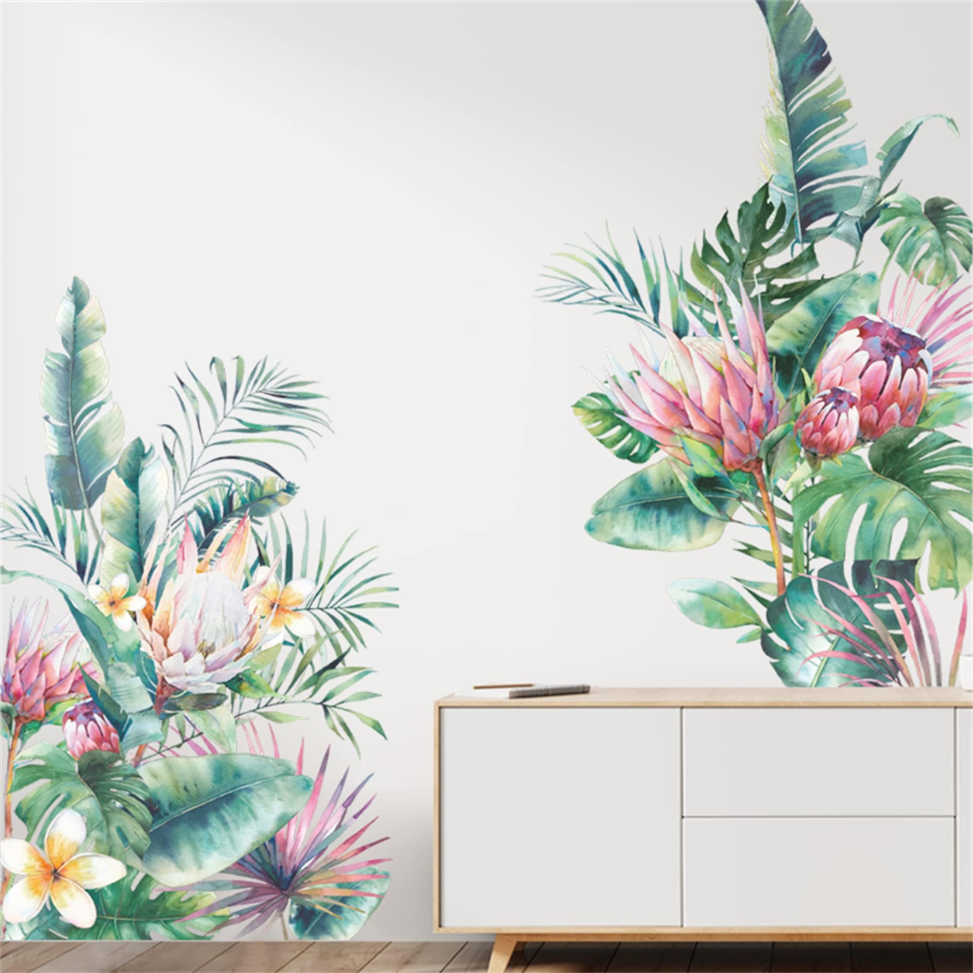 Tropical Leaf Green Leaves Flower Wall Decals Monstera Palm Tree Leaf Plants Wall Stickers Bedroom Living Room TV Wall Door Decor Murals (Tropical Leaf Flower)