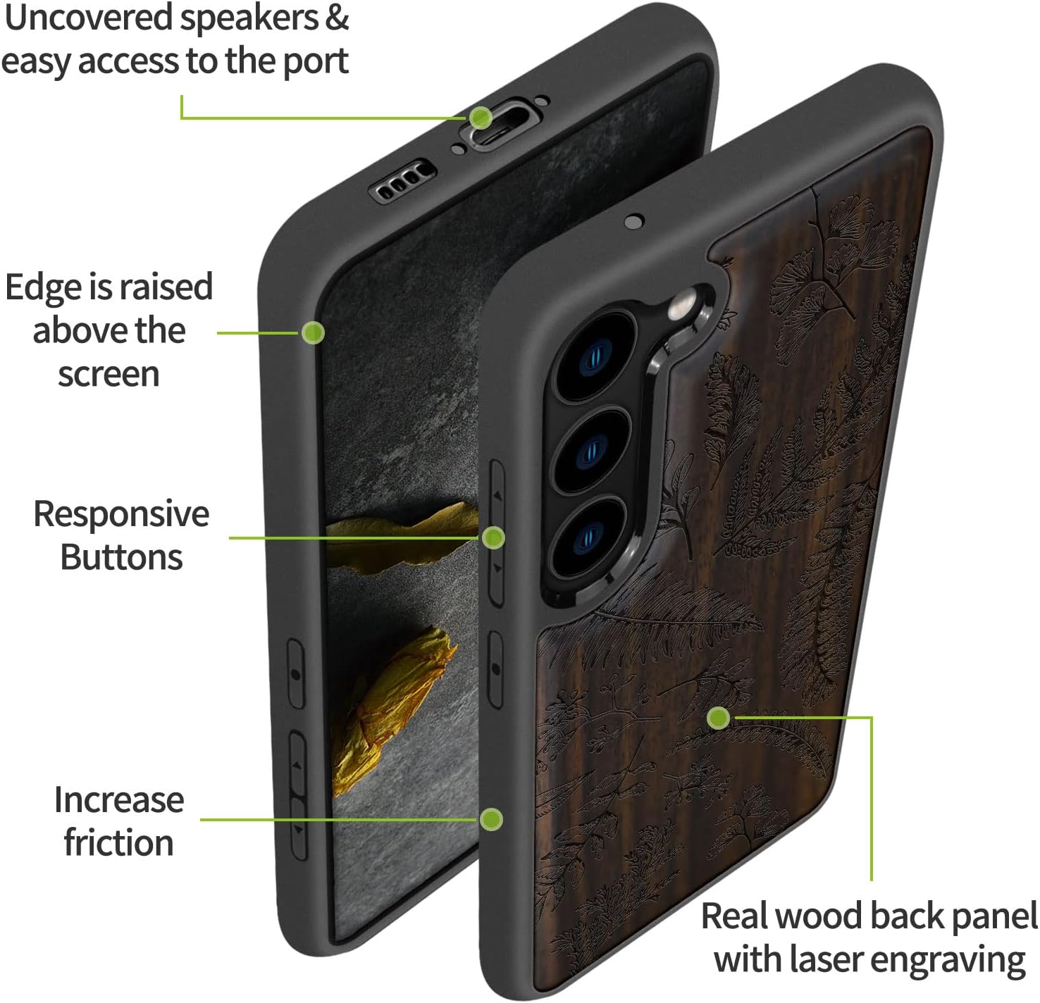 Carveit Wood Case for Galaxy S23 Case [Natural Wood & Black Soft TPU] Shockproof Protective Cover Unique & Classy Wooden Design Compatible with Samsung S23 (Fern Leaves & Herbs-Blackwood)