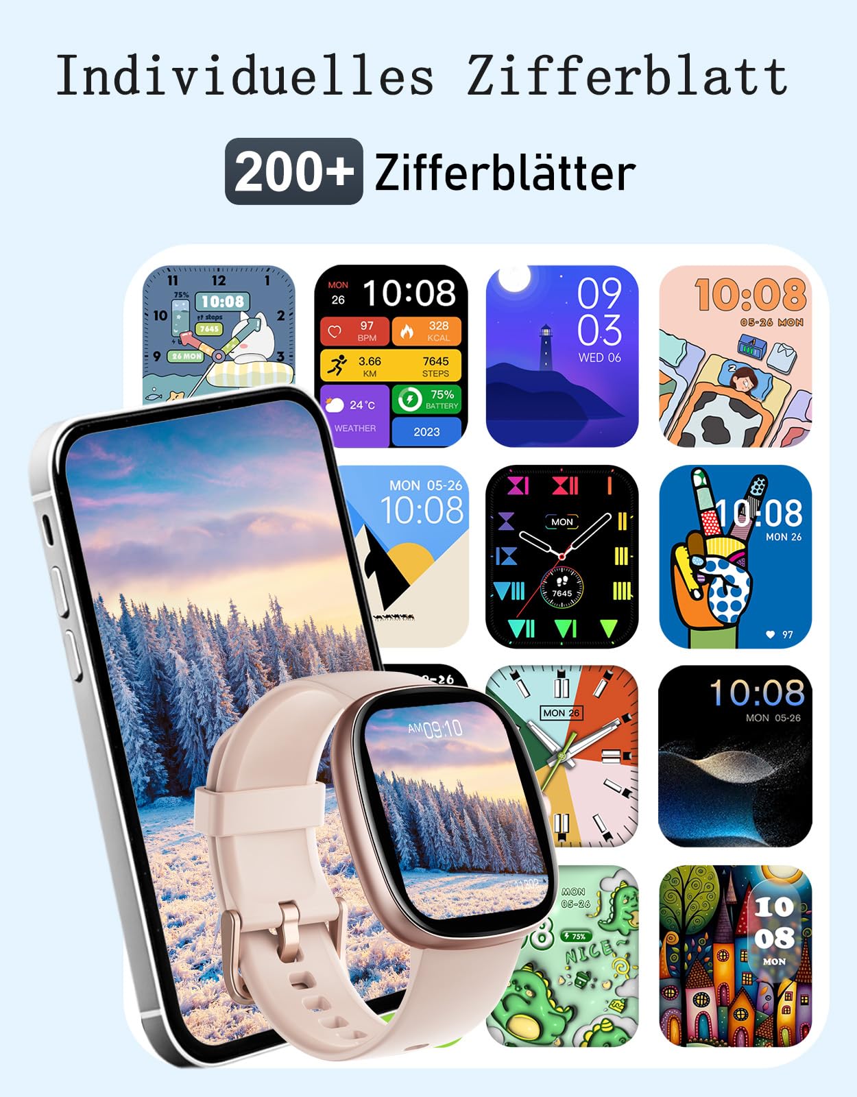 Smartwatch Damen mit Telefonfunktion,1.85" Smart Watch mit 24/7 SpO2/Herzfrequenz/Schlafmonitor/ Schrittzähler 100+Sportmodi,IP68 Wasserdicht Fitnessuhr Whatsapp Benachrichtigen für Android iOS Handy