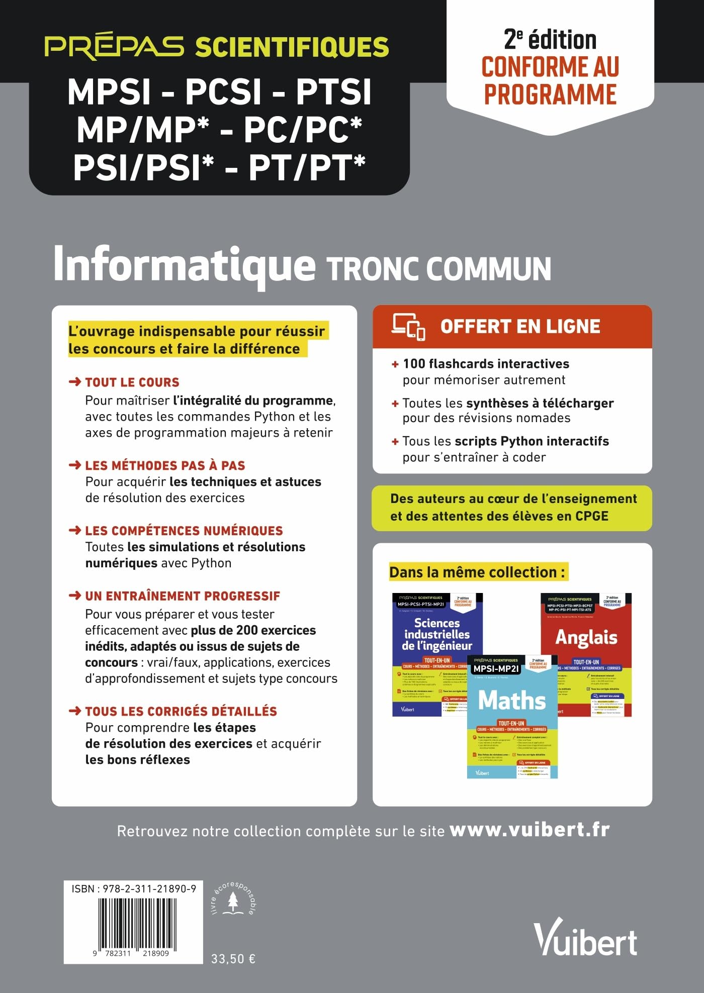 Informatique. Tronc commun MPSI-PCSI-PTSI-MP/MP*-PC/PC*-PSI/PSI*-PT/PT* - Tout-en-un - Conforme à la nouvelle réforme: Cours - Synthèse - Méthodes détaillées - Exercices et sujets corrigés