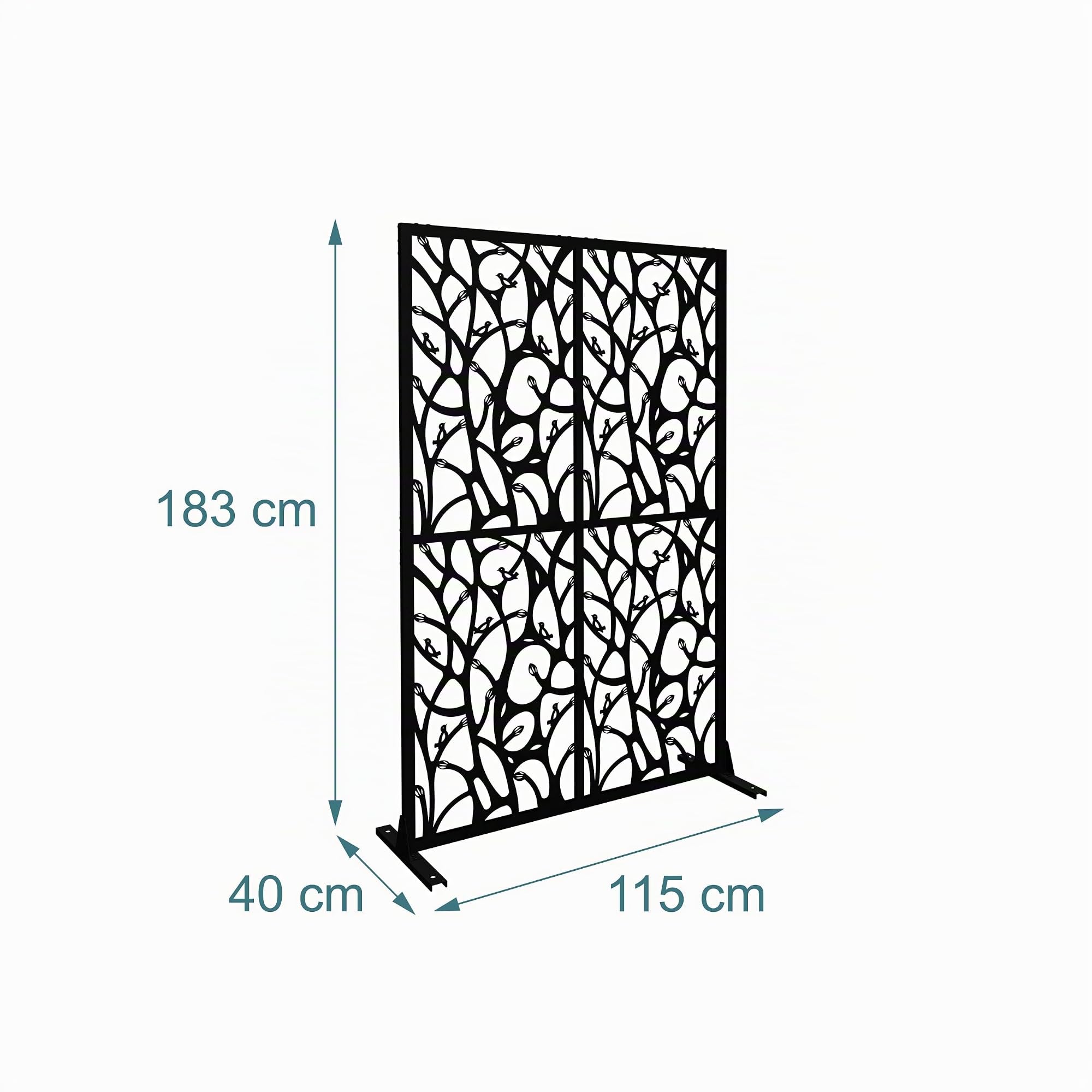 Relaxdays Sichtschutz, Ranken & Vögel, Garten, Balkon & Terrasse, Outdoor Paravant, HxB: 183 x 115 cm, Metall, schwarz