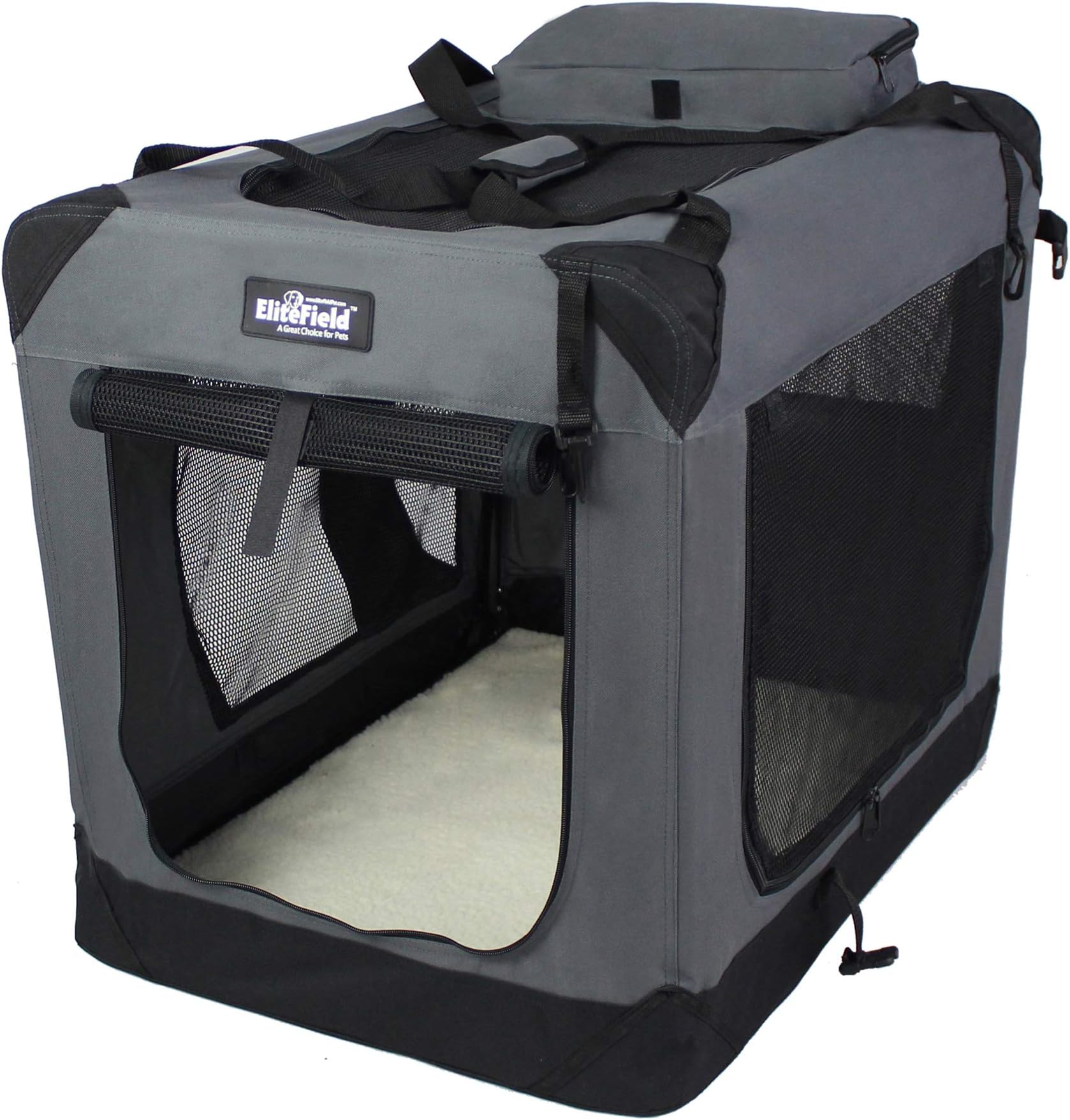 EliteField 3-Door Folding Soft Dog Crate with Carrying Bag and Fleece Bed (2 Year Warranty), Indoor & Outdoor Pet Home (42" L x 28" W x 32" H, Gray)