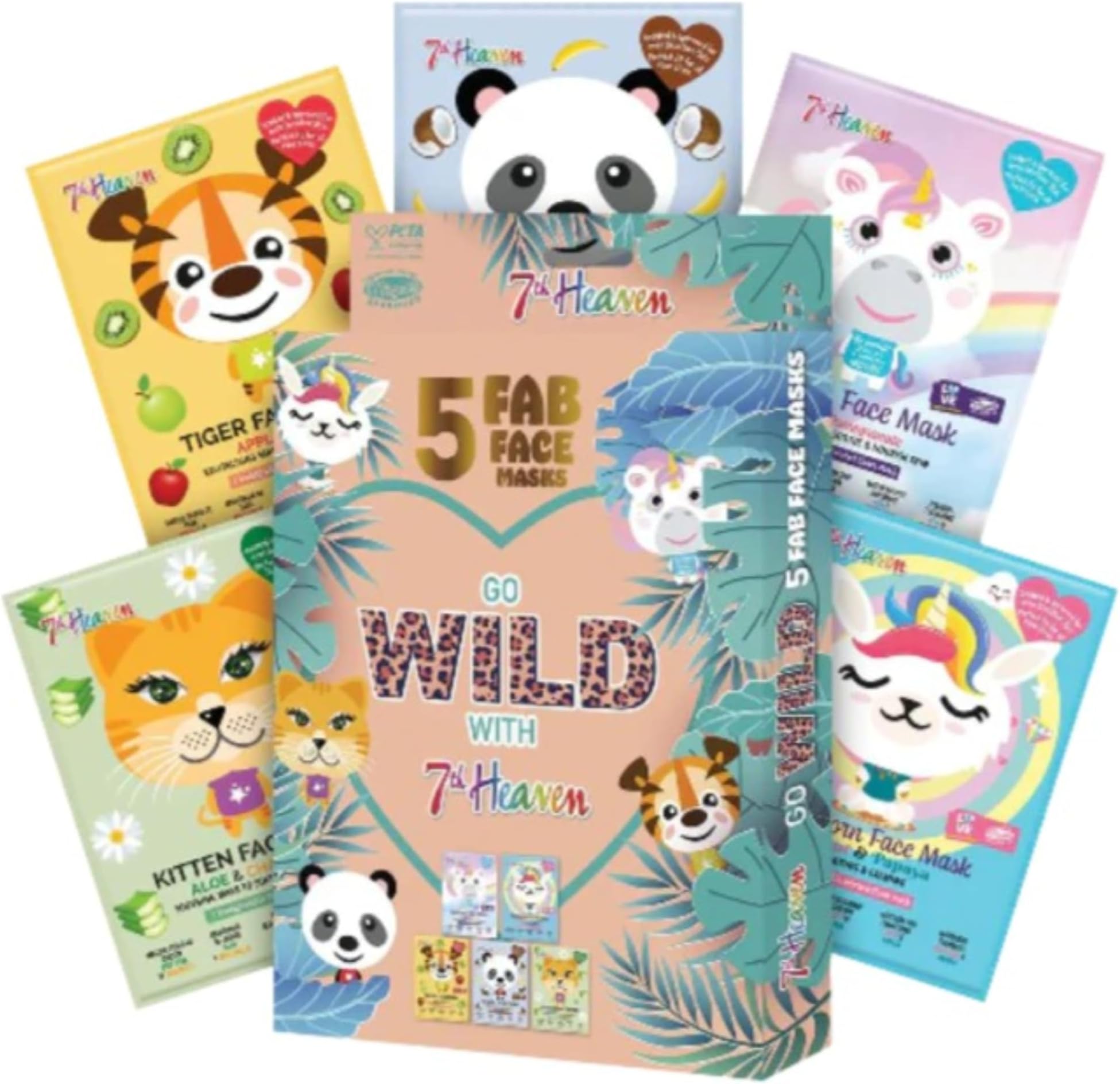 7th Heaven Go Wild Face Mask Gift Set - 5 Fun Animal Themed Skin Care Sheet Masks - Unicorn, Llamacorn, Panda, Tiger and Kitten