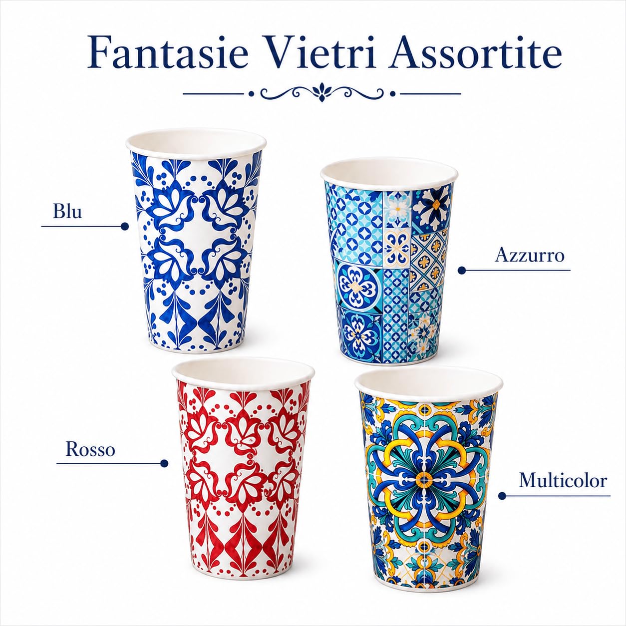 Bicchieri in Carta per Acqua capacità orlo 180ml/210ml Colore Bianco Azzurro Rosso Rosa biodegradabili cartoncino (Vietri, 100 pz 210ml)