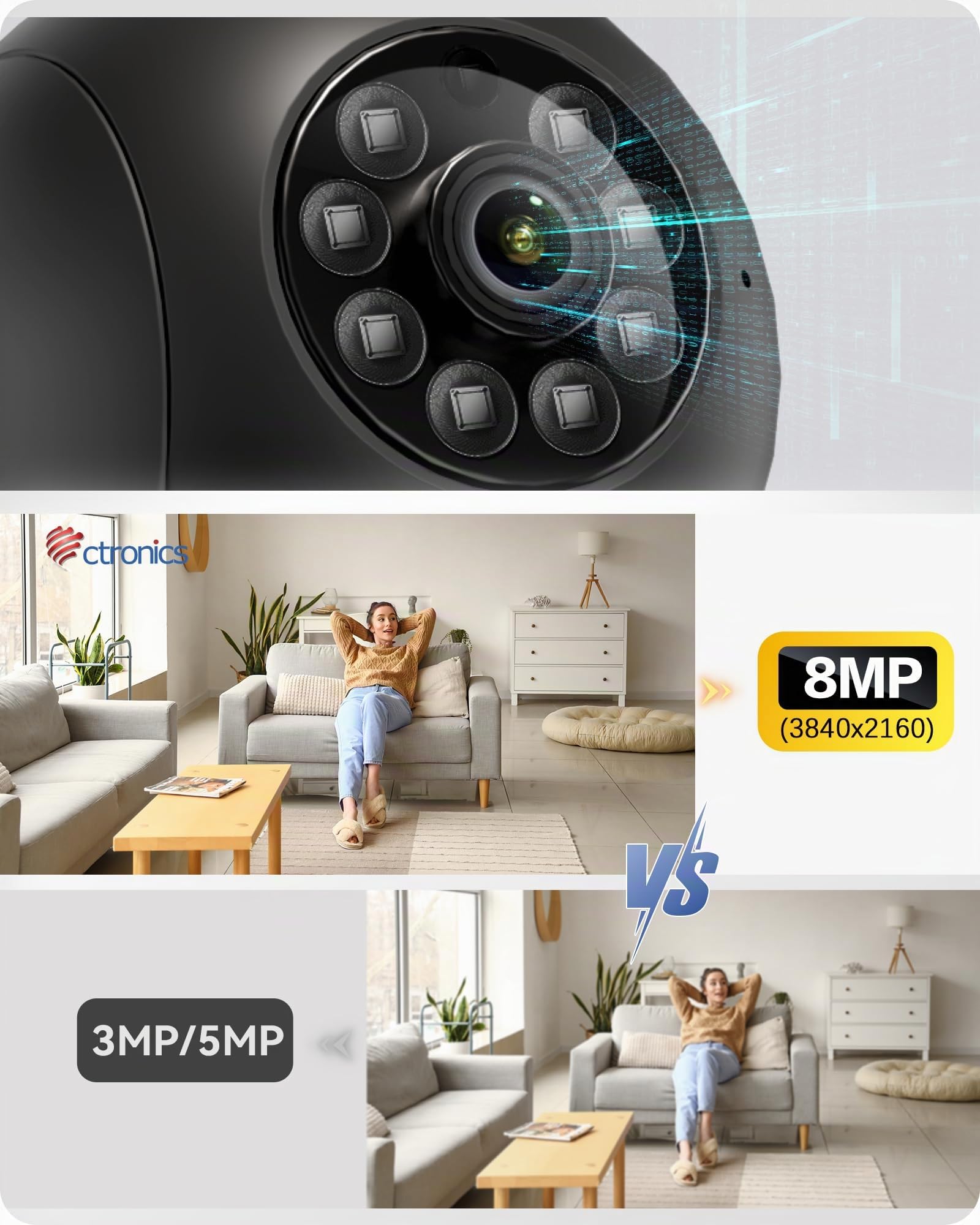 Ctronics 4K Caméra Surveillance WiFi Intérieure, Suivi Auto, Détection AI Humain/Animal, WiFi 2.4/5GHz, Cloud & 256Go TF, FTP/NVR/NAS, Vision Nocturne, 24/7, Smartphone & PC PTZ, 355° Pan/120° Tilt