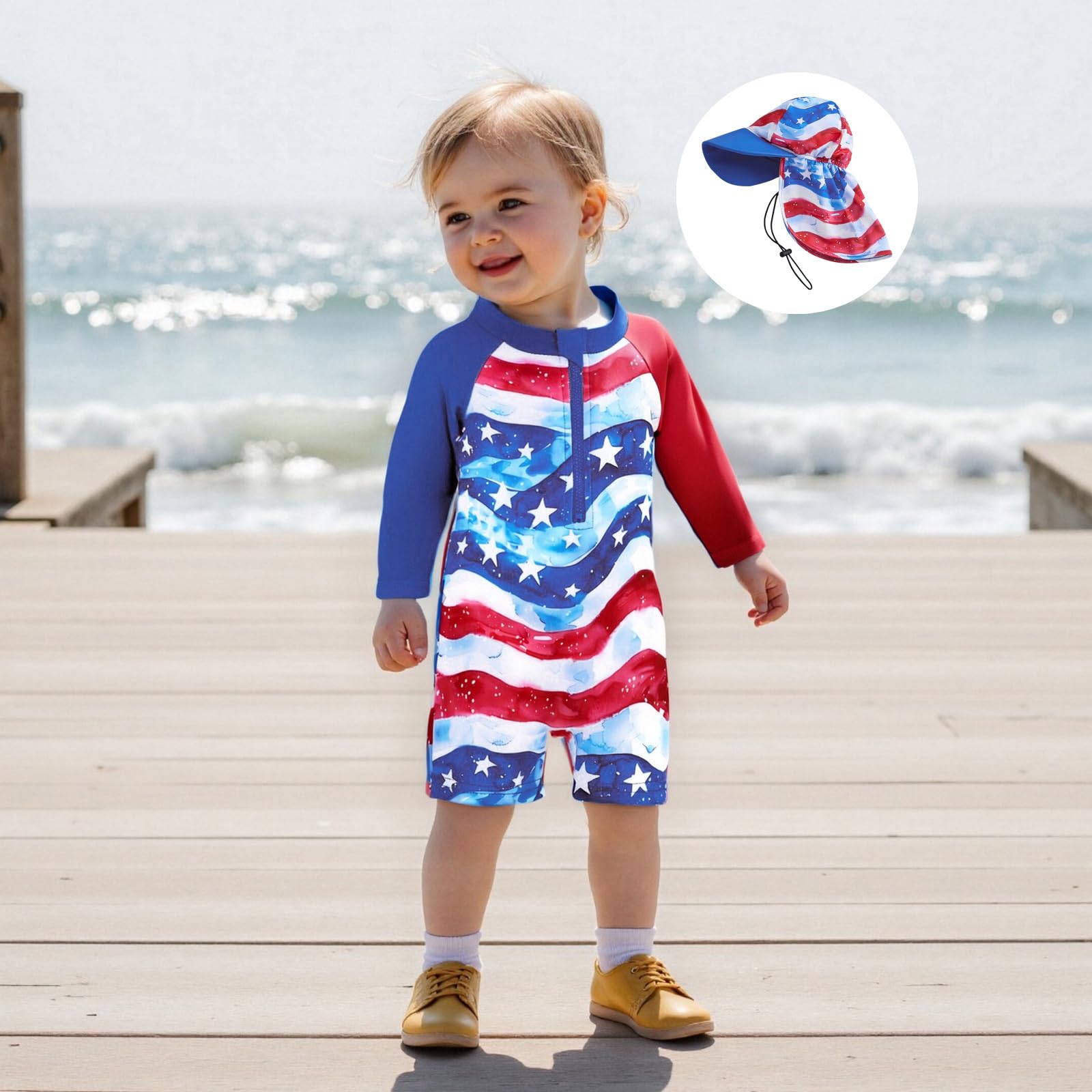 luethbiezx Toddler Baby Boys 4th of July Swimsuit Star Striped Long Sleeve Zip Up Rash Guard One Piece Swimwear (Blue, 6-12 Months)