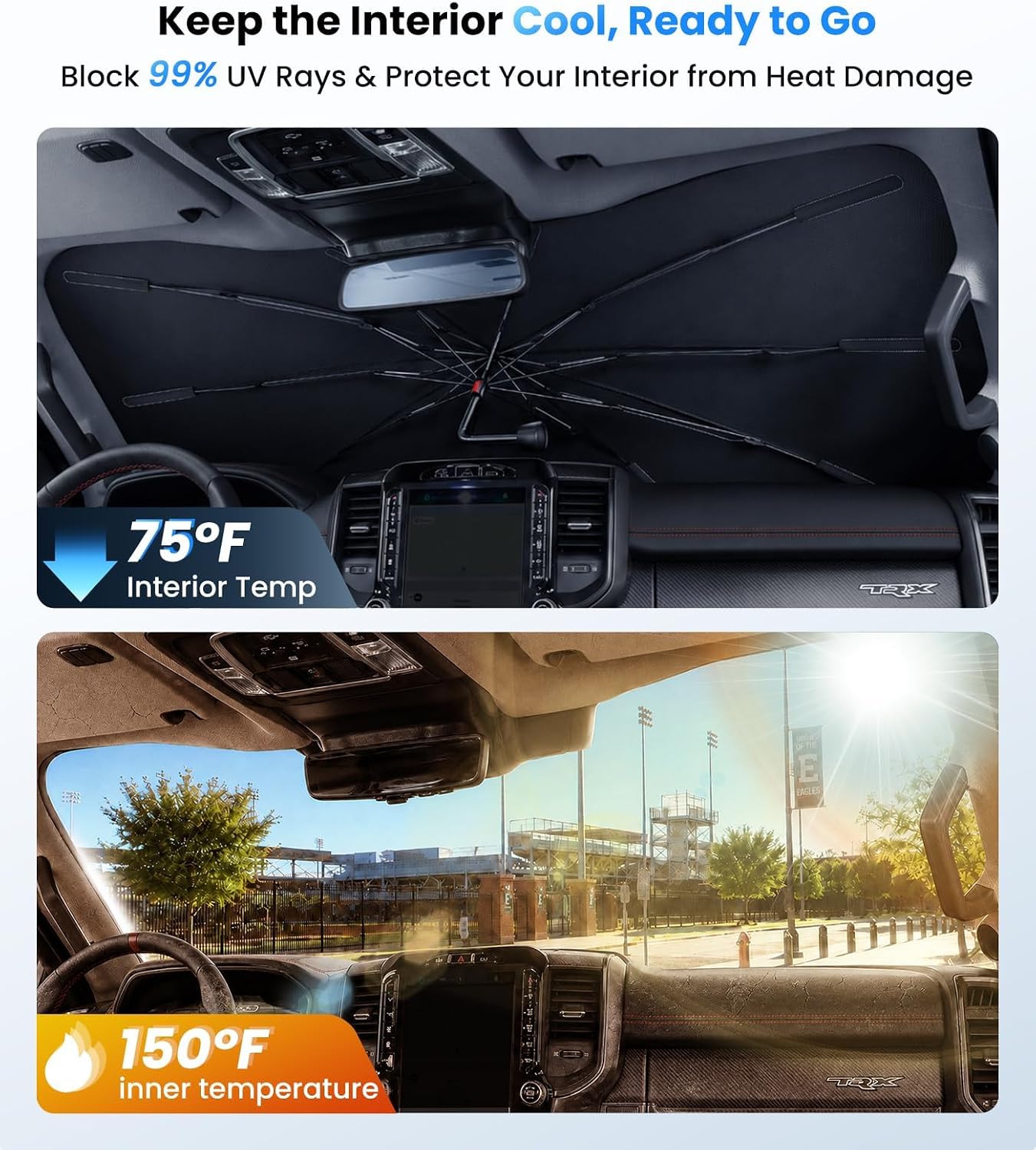 Zanch 2026 Upgraded Windshield Sun Shade Umbrella: Custom Fit for Ford F150 F250 F350 2015-2025 Front Window Sunshade, Block UV Rays & Keep Car Cool, 1:1 Scan for F150/250/350, No Gaps & No Scratches.