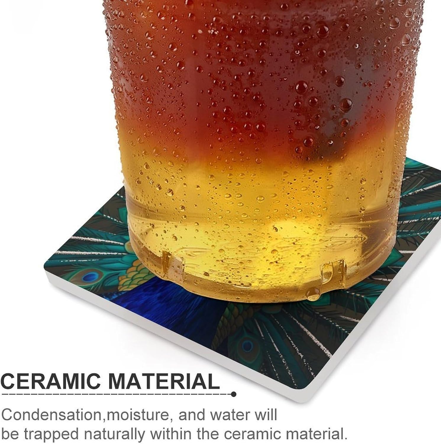 Blue Peacock Coasters Absorbent Ceramic Coasters for Drinks Coaster with Cork Backing for Table Protection Square Drink Cup Mat Modern Style Coaster for Coffee Table
