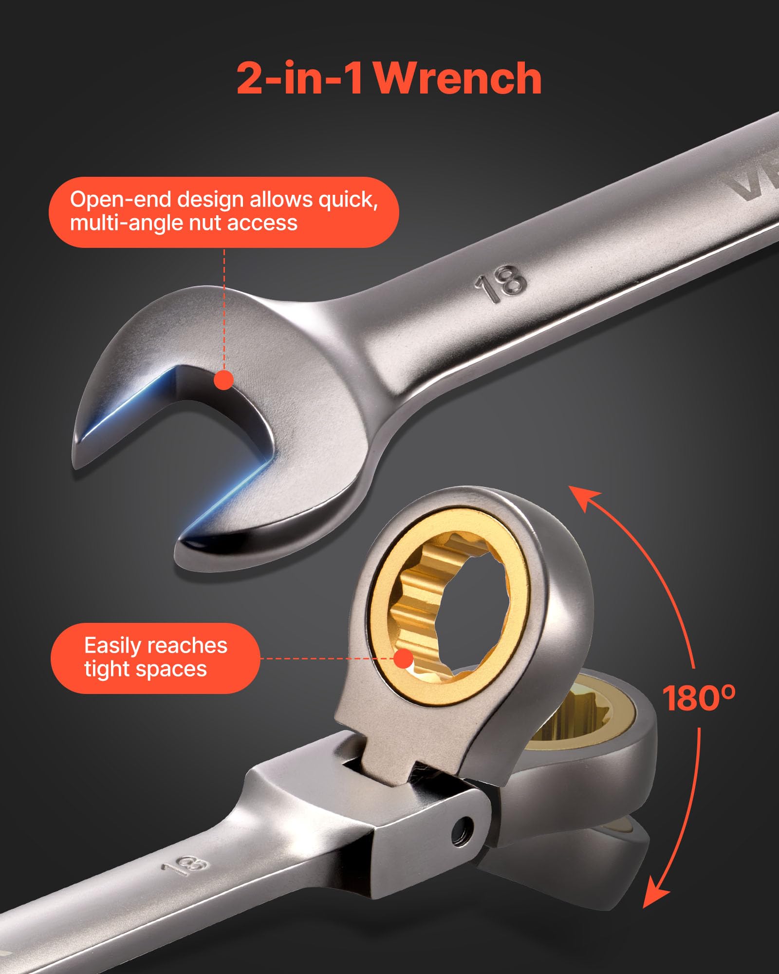 VEVOR Set di Chiavi Combinate a Cricchetto 24 Pezzi, Set di Chiavi a Cricchetto con Misure Metriche e SAE, Testa Snodata a 180°, Meccanismo a 72 Denti, con Custodia per Uso Casa e Auto, Nichel Grigio
