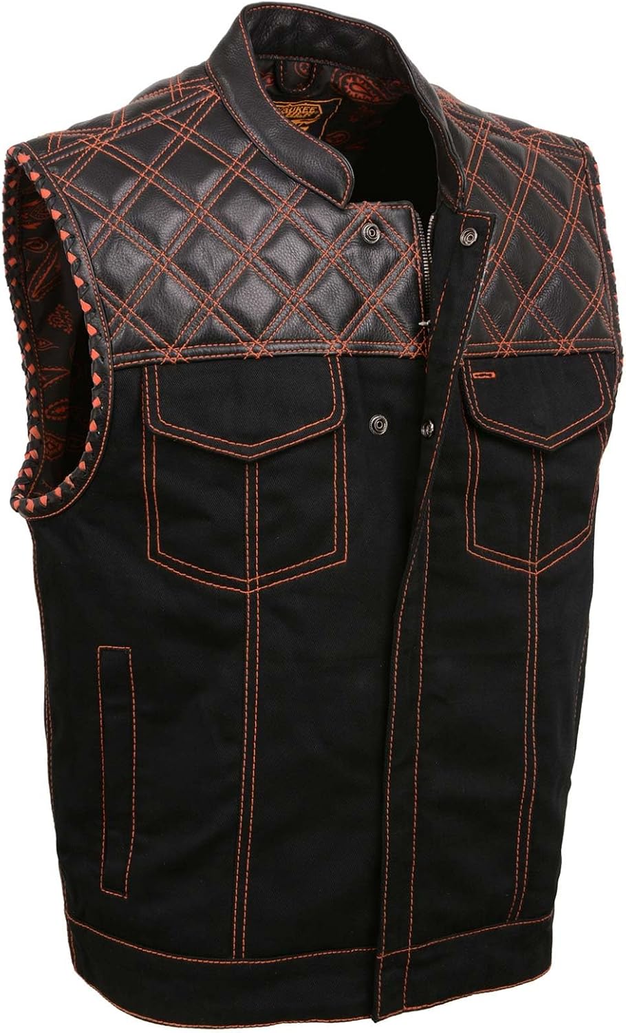 Milwaukee Leather MDM3037 Men’s Wrecker Club Vest – Black Denim & Leather, Diamond Quilt, Orange Stitch