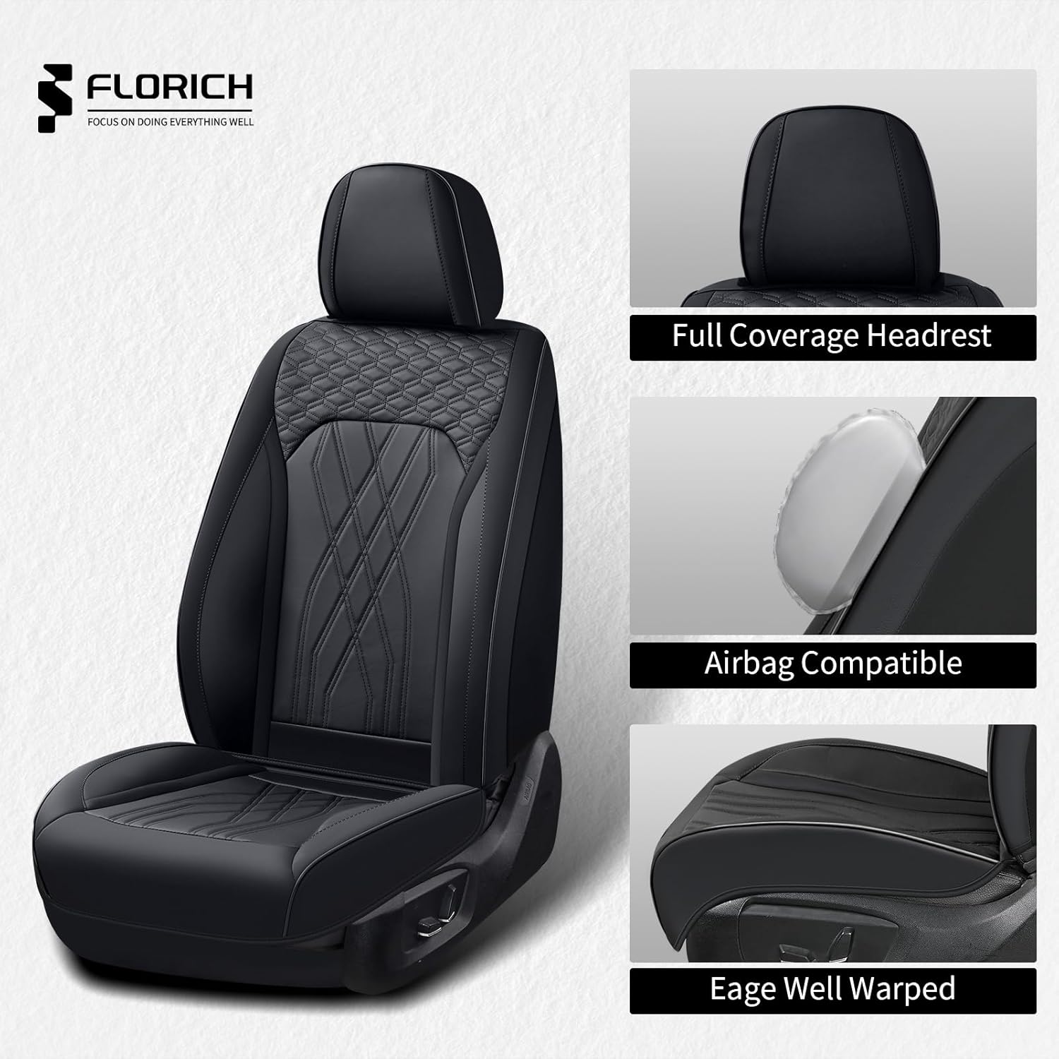 FLORICH Leather Cars Seat Covers Full Set Waterproof Automotive Seat Covers Front and Rear 5 Seats Full Wrapping Edge Seat Protector Cushion Universal Fit for Most Car Truck SUV, Black