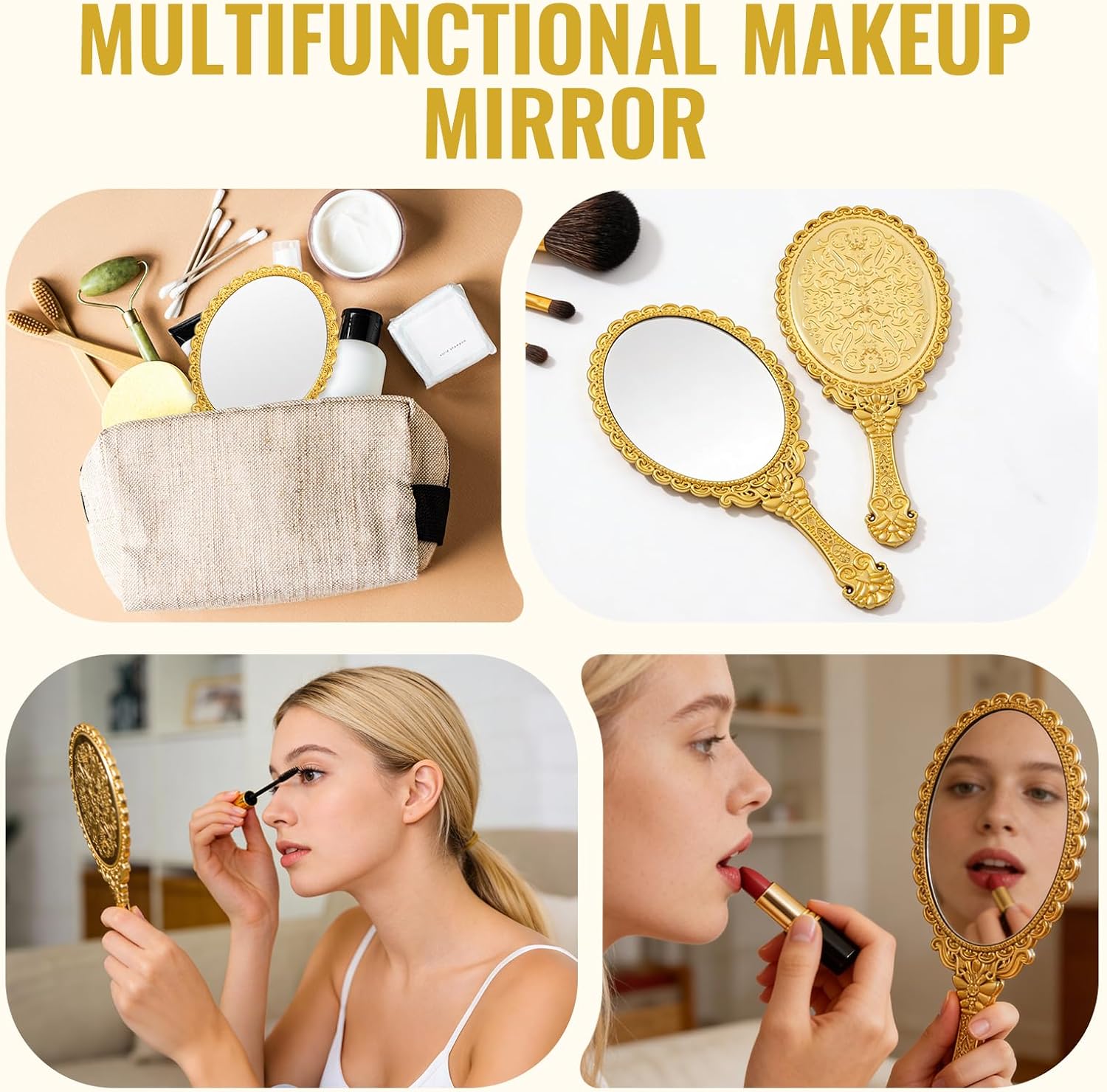 Rainmae 50 Pack Vintage Handheld Mirrors for Makeup, Gold Embossed Floral Portable Princess Mirror with Handle, Decorative Travel Cosmetic Purse Mirror for Women, Party Favors, Classroom