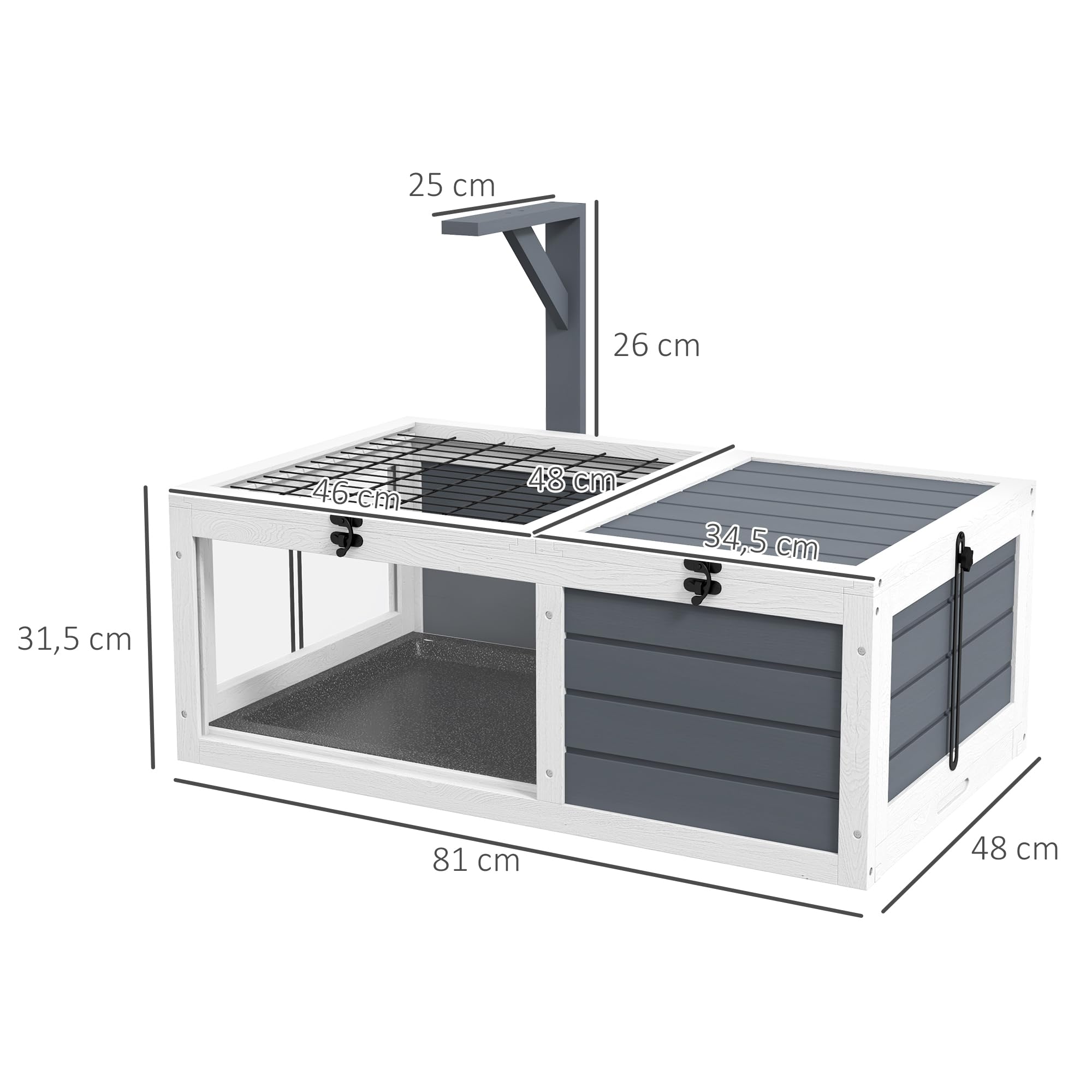 PawHut House gabbia per tartarughe di piccole dimensioni con 2 spazi, portalampada 2 vassoi scorrevoli, 81 x 48 x 31,5 cm - legno massiccio grigio