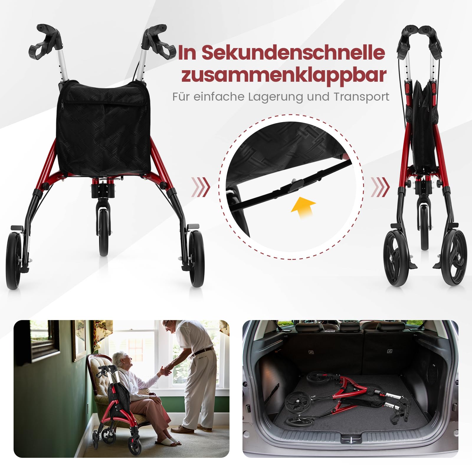 COSTWAY Rollator schmal für Wohnung, Dreirad, faltbar und leicht, Gehhilfe 6-fach höhenverstellbar, Gehwagen mit Tasche & Bremse, Aluminiumrahmen, klappbar für Senioren & Erwachsene (Rot)